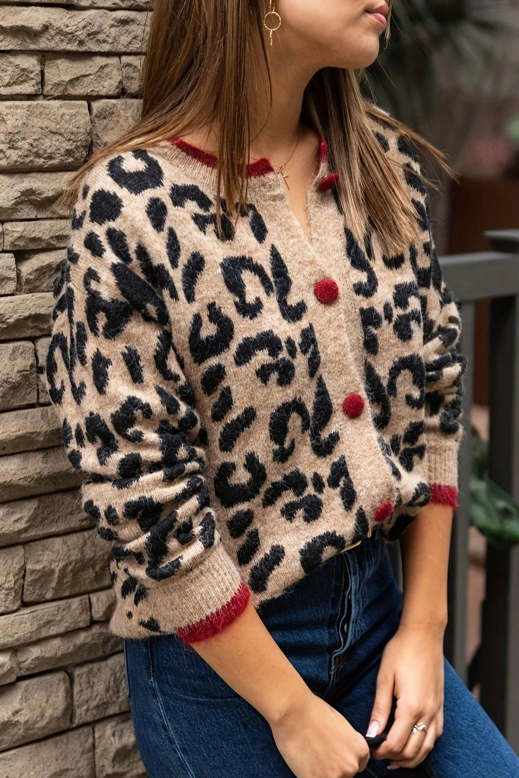 Retro Contrast Leopard Print Cardigan*