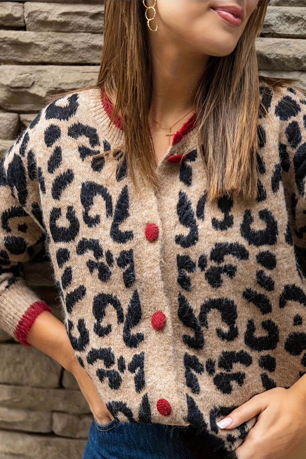 Retro Contrast Leopard Print Cardigan*