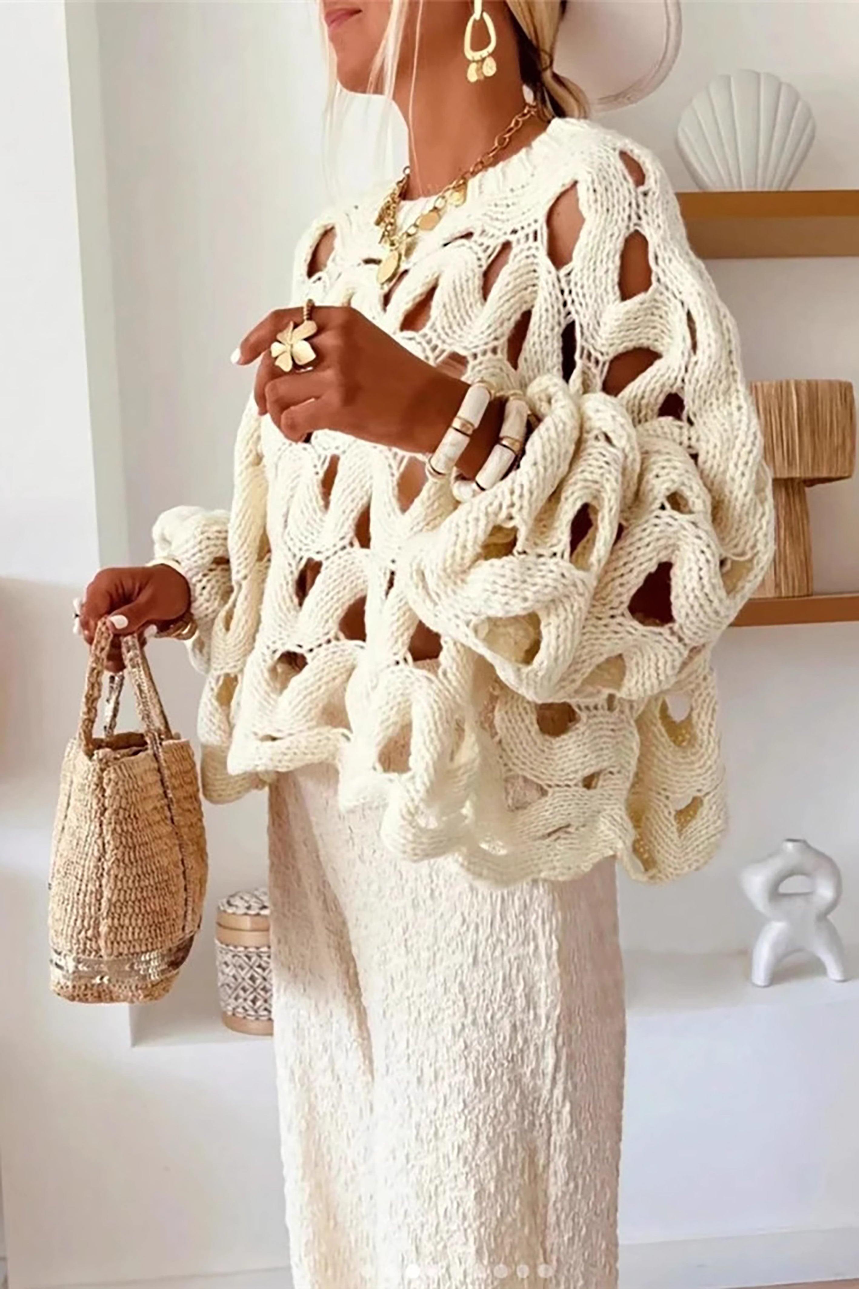 Fashionable Hollow Crochet Long Sleeved Sweater*