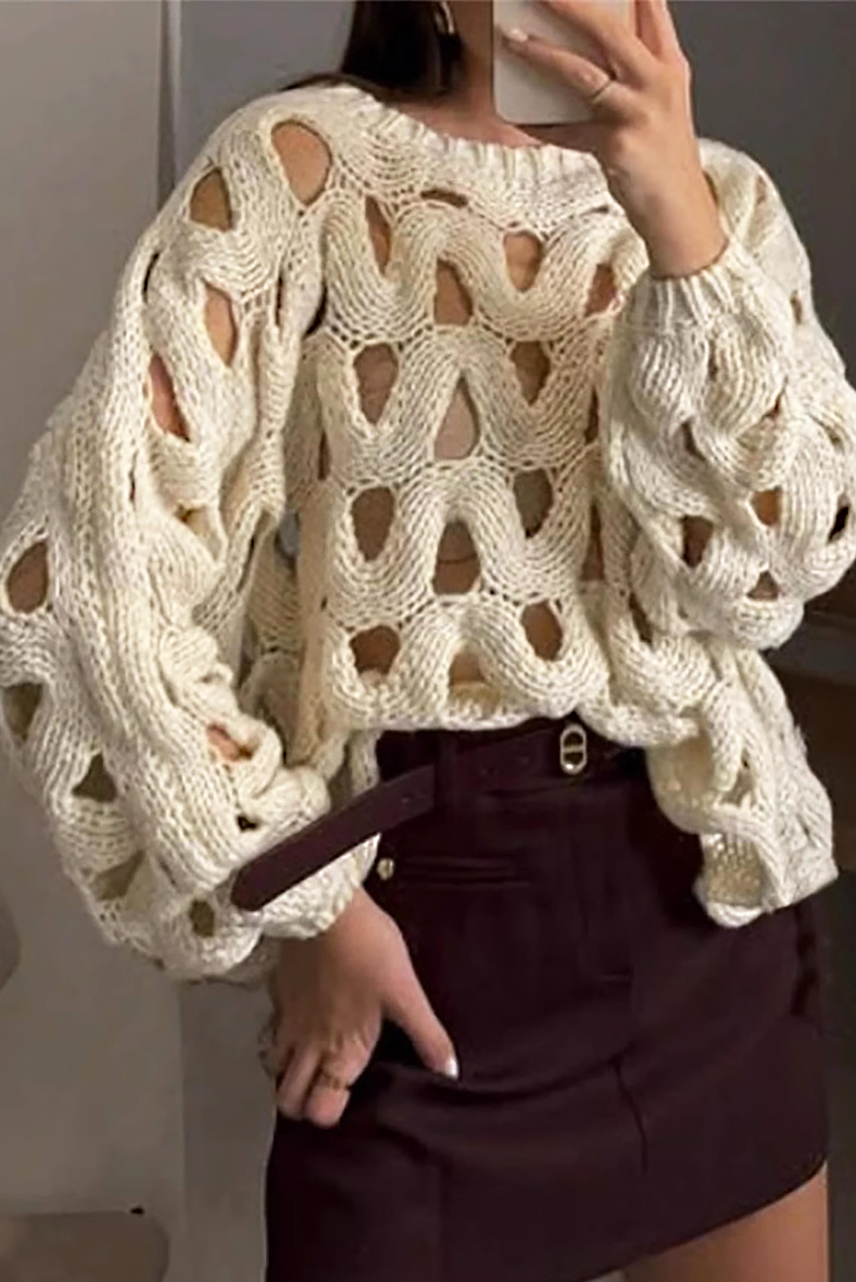Fashionable Hollow Crochet Long Sleeved Sweater*