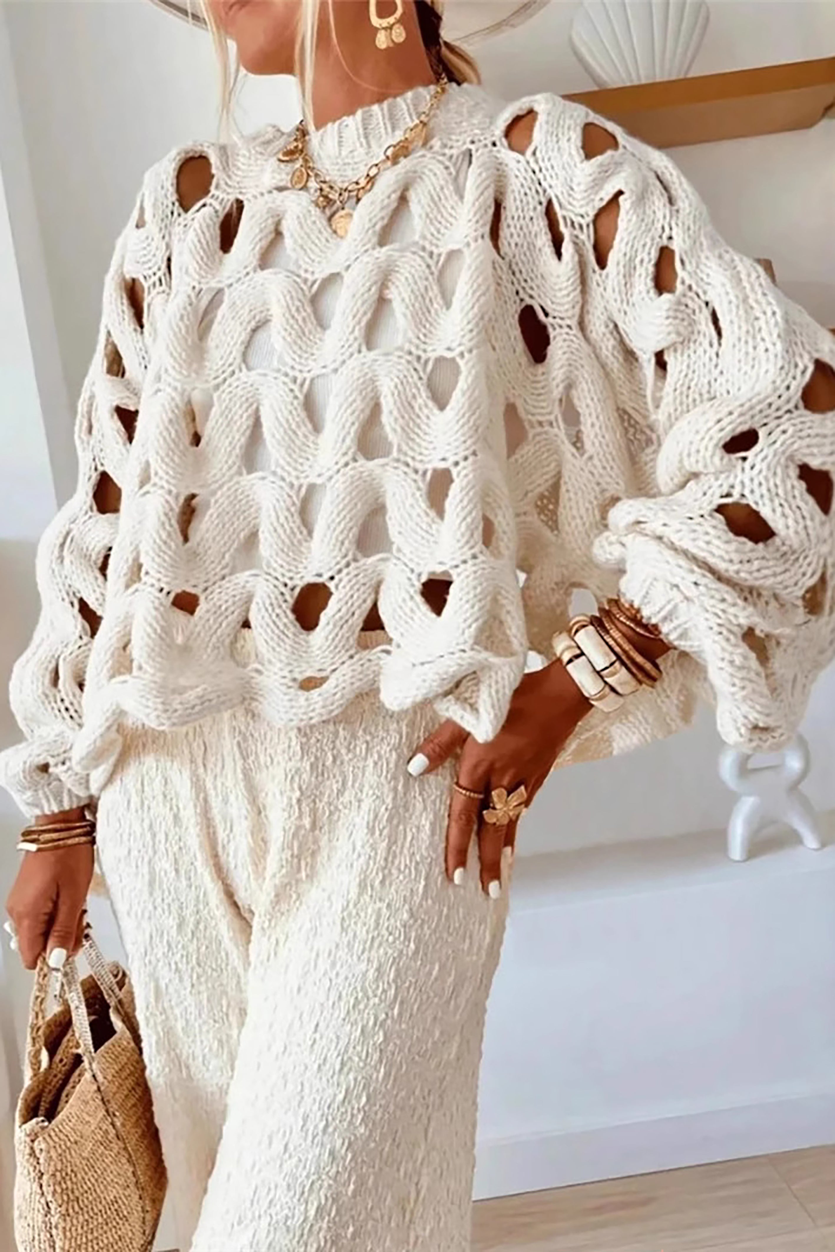 Fashionable Hollow Crochet Long Sleeved Sweater*