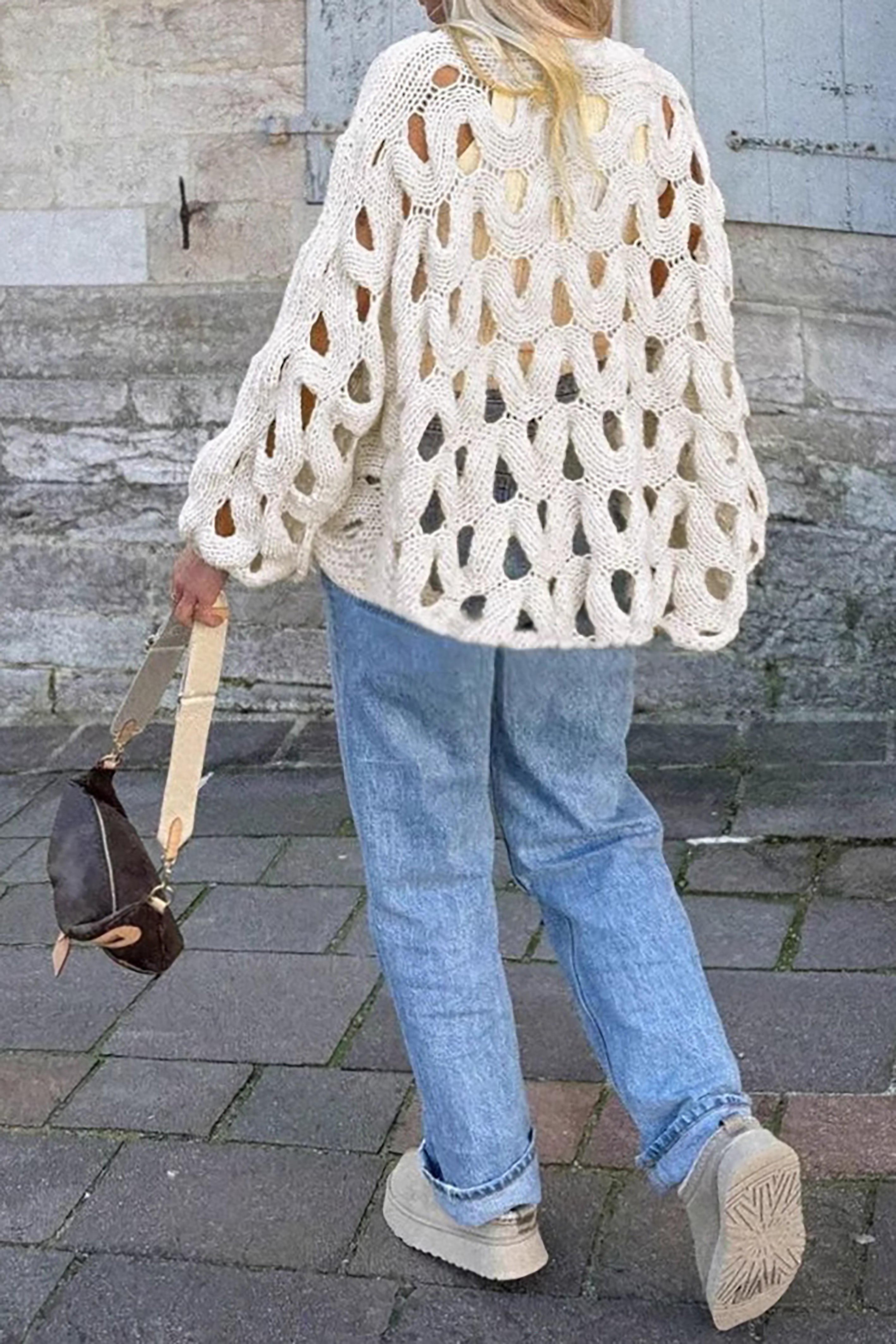 Fashionable Hollow Crochet Long Sleeved Sweater*