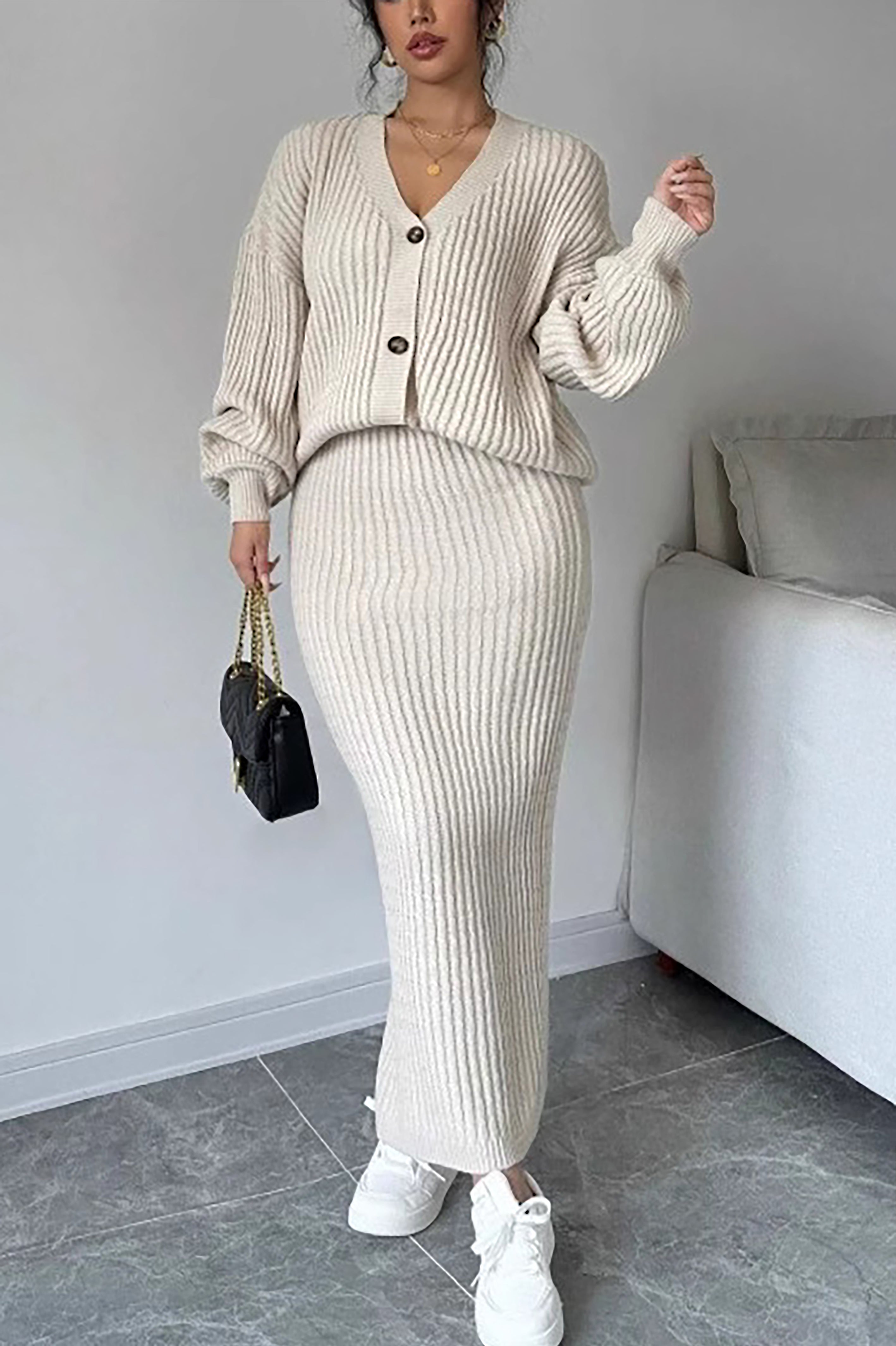 Comfortable Solid Cardigan & Knit Skirt Set*