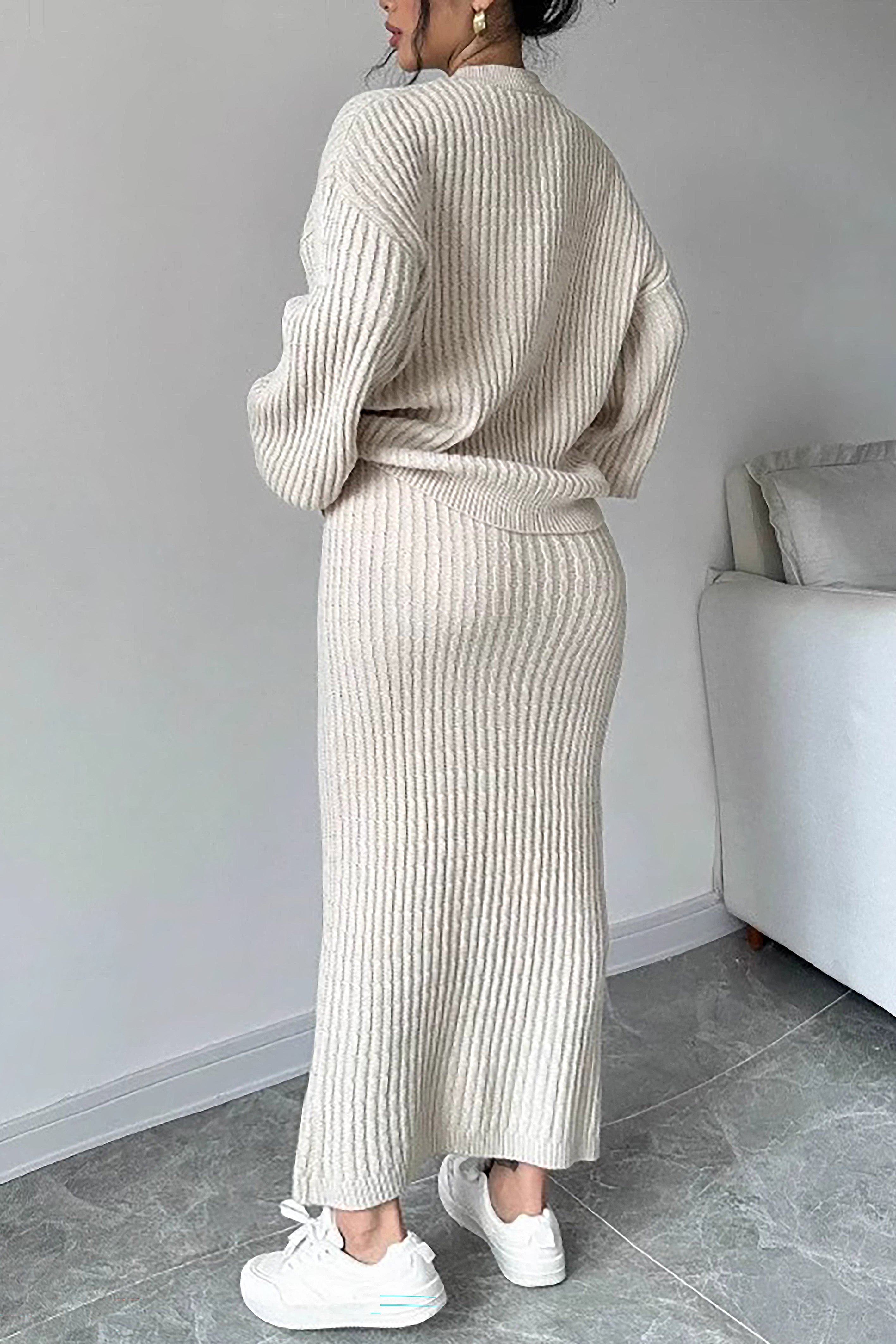 Comfortable Solid Cardigan & Knit Skirt Set*