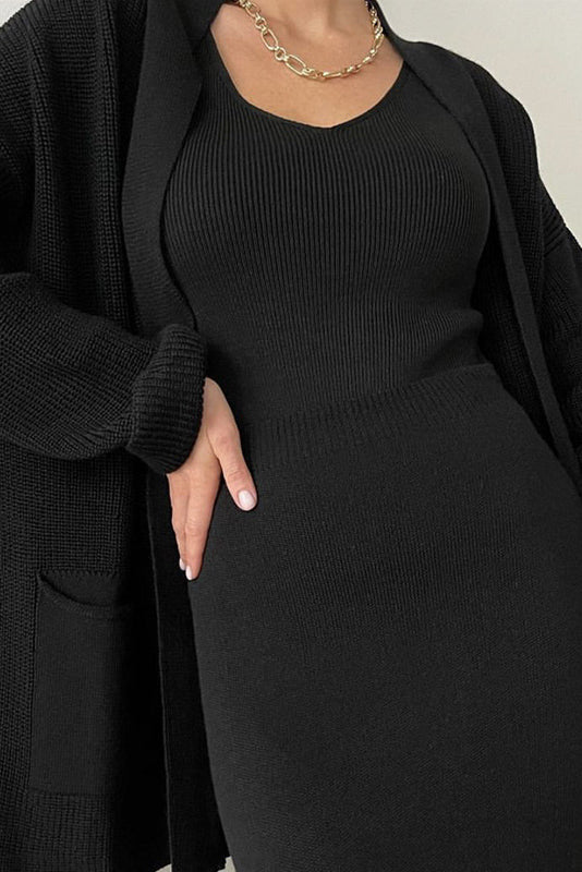 Comfortable Solid Long Cardigan & Knitted Pencil Skirt Set*