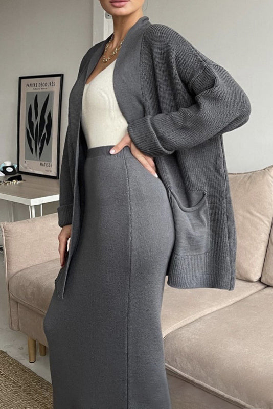 Comfortable Solid Long Cardigan & Knitted Pencil Skirt Set*