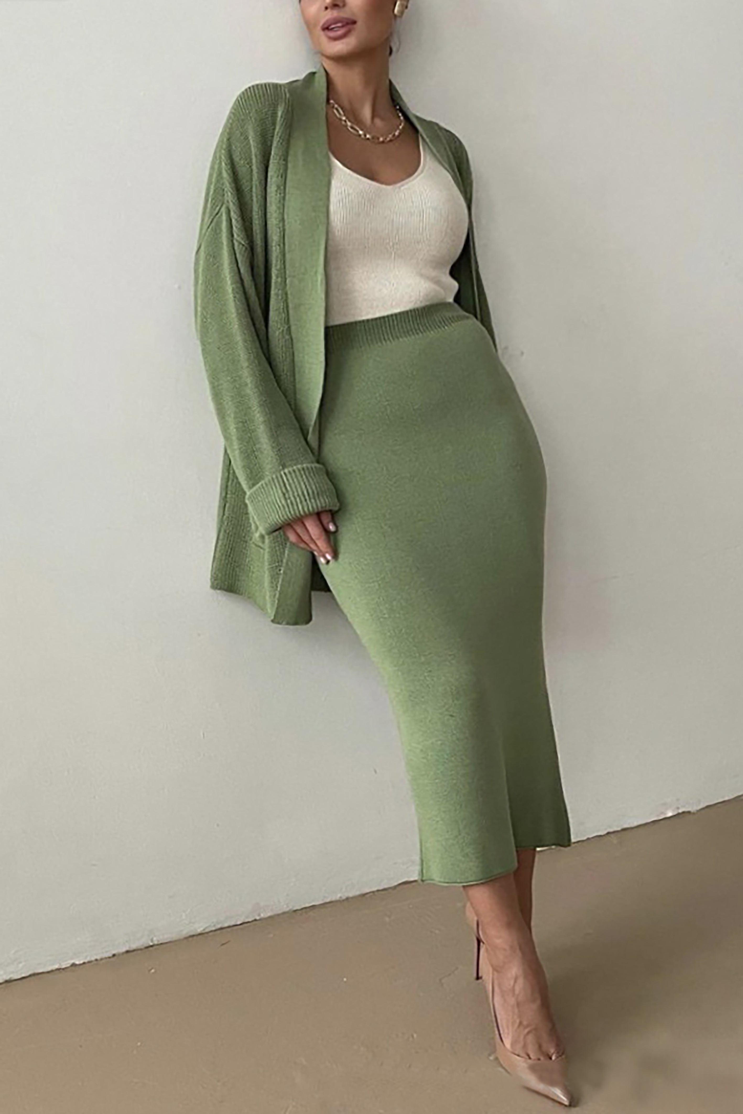 Comfortable Solid Long Cardigan & Knitted Pencil Skirt Set*
