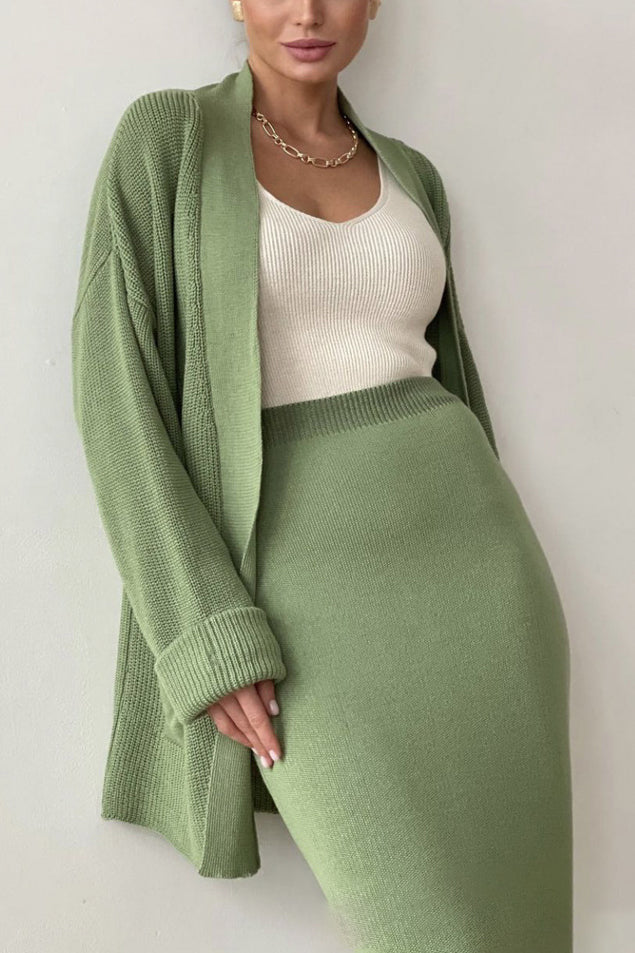 Comfortable Solid Long Cardigan & Knitted Pencil Skirt Set*