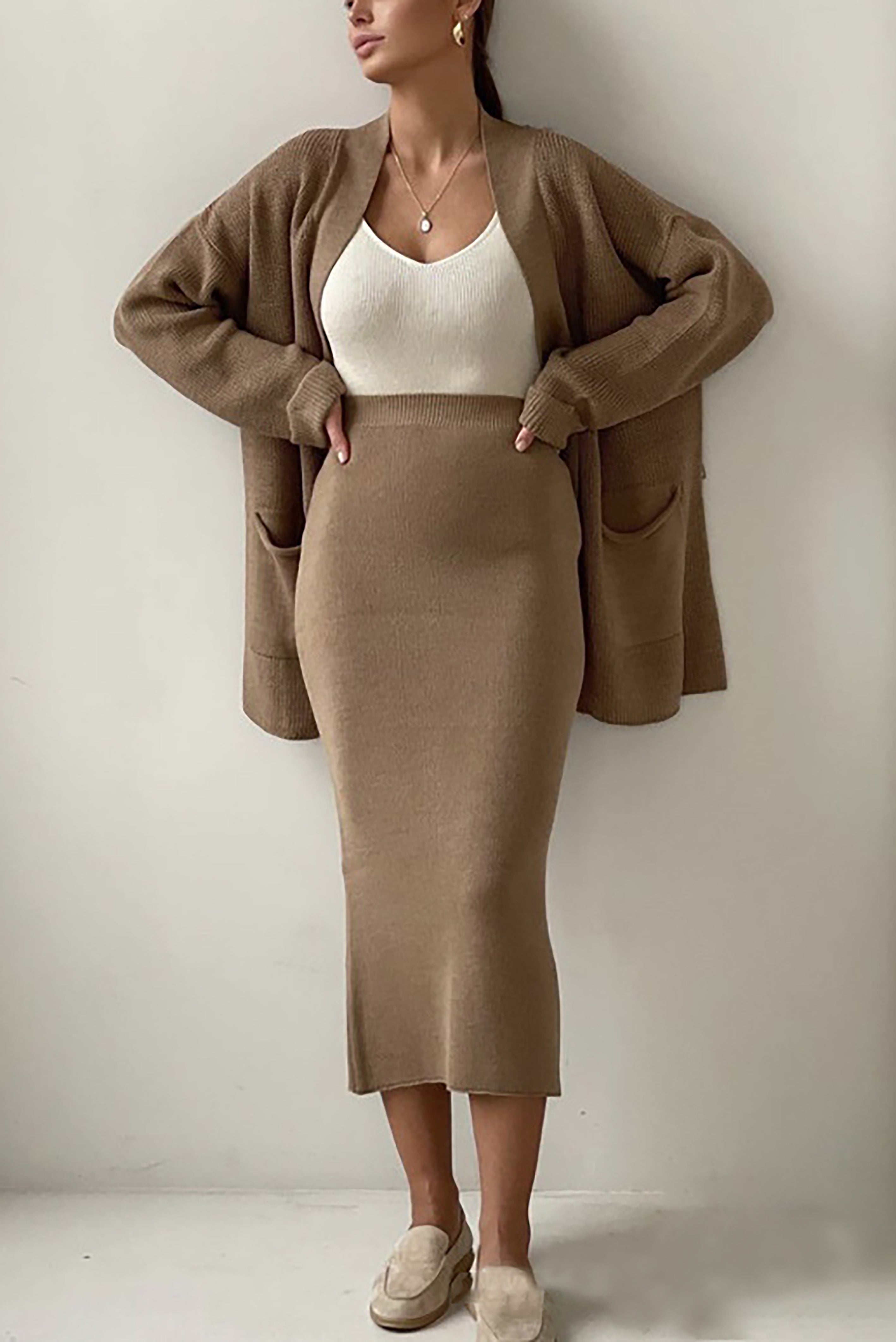 Comfortable Solid Long Cardigan & Knitted Pencil Skirt Set*