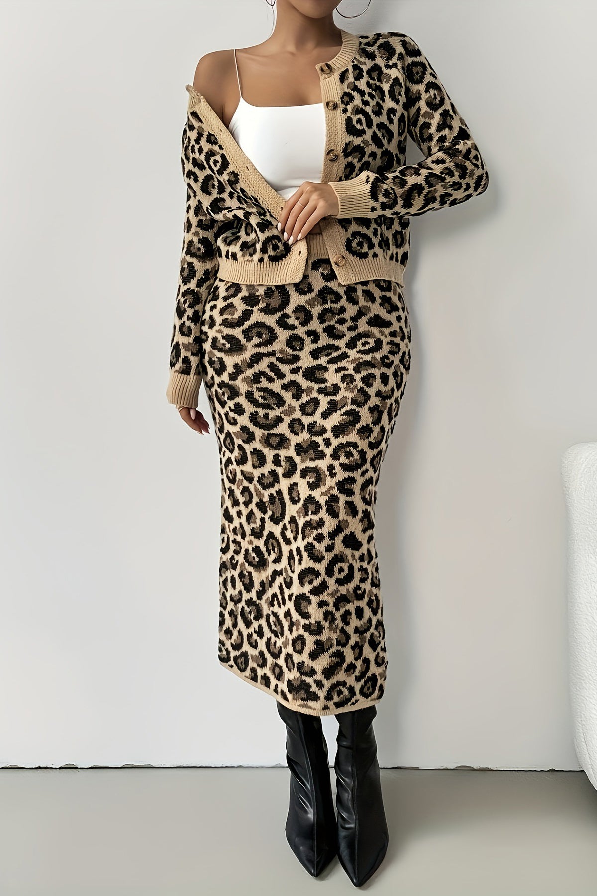 Fashionable Leopard Print Cardigan & Knitted Pencil Skirt Set*