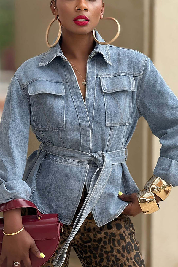 Casual Flip Pocket Waist Tie Washed Short Denim Jacket*