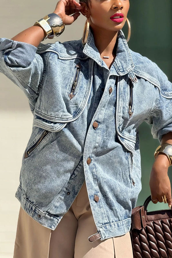 Street Distressed Washed Work Denim Jacket*