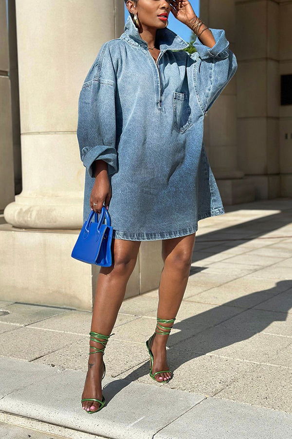 Fashionable Loose Gradient Shirt Style Denim Dress*
