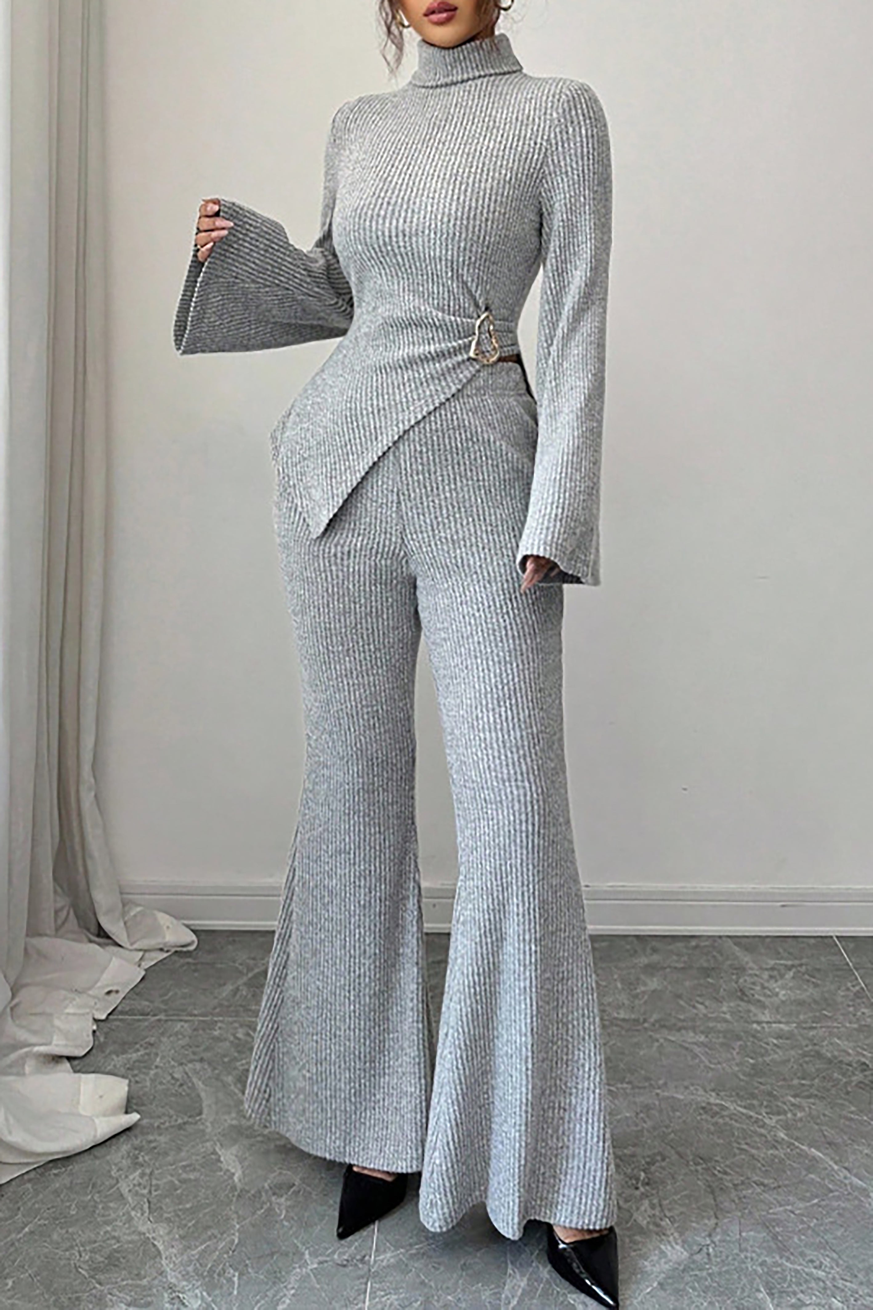 Casual Turtleneck Ribbed Irregular Bell Sleeve Top & Bell Pants Set*
