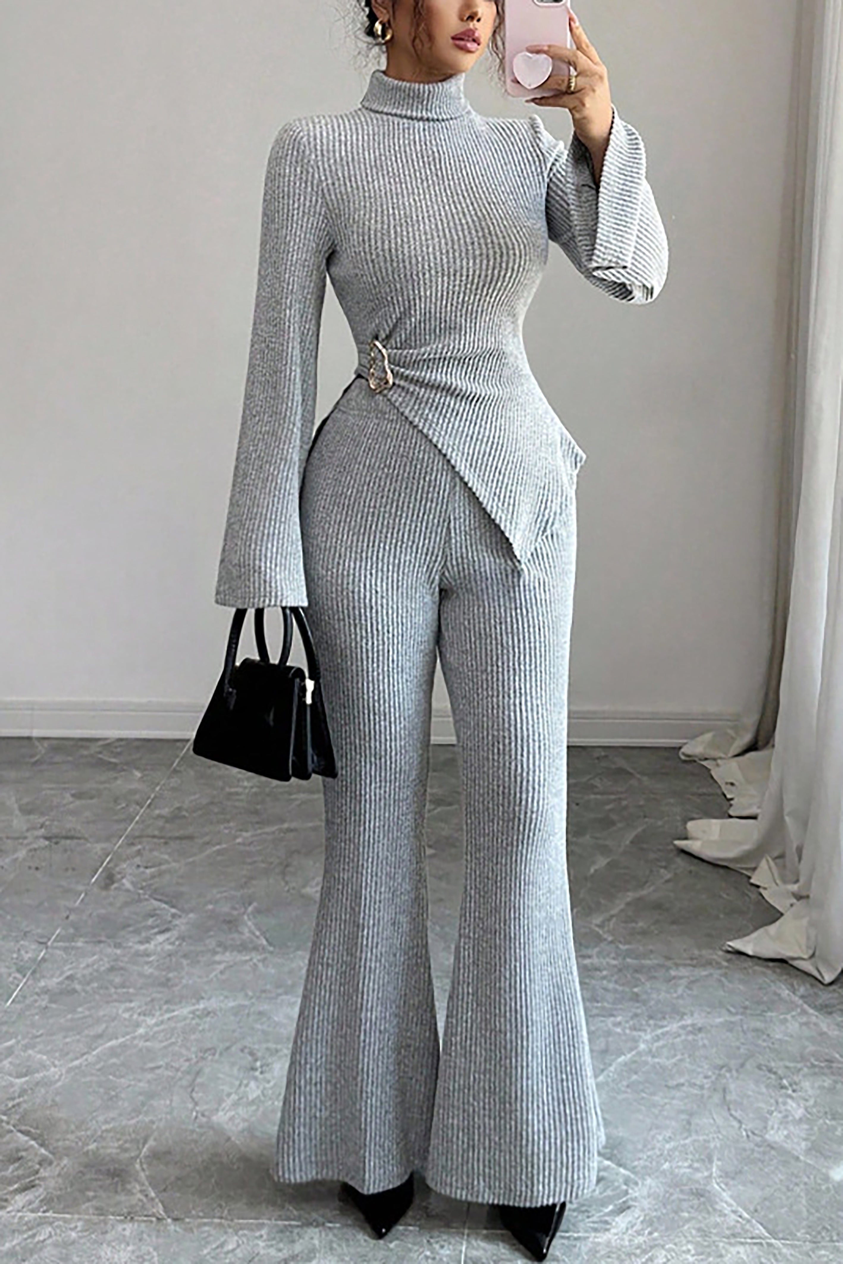 Casual Turtleneck Ribbed Irregular Bell Sleeve Top & Bell Pants Set*