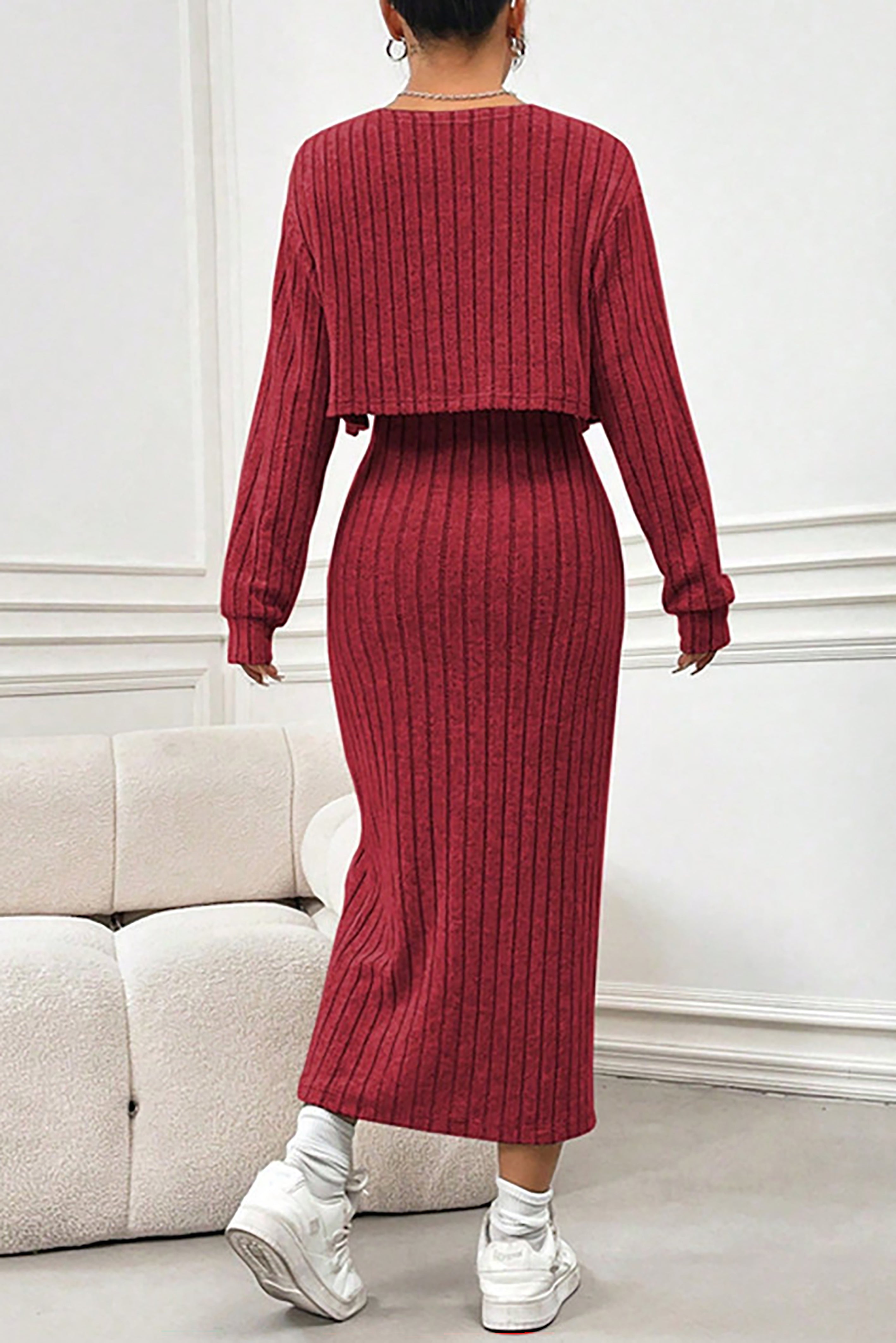 Casual Long-Sleeved Knit Cardigan & Slit Suspender Dress Set*