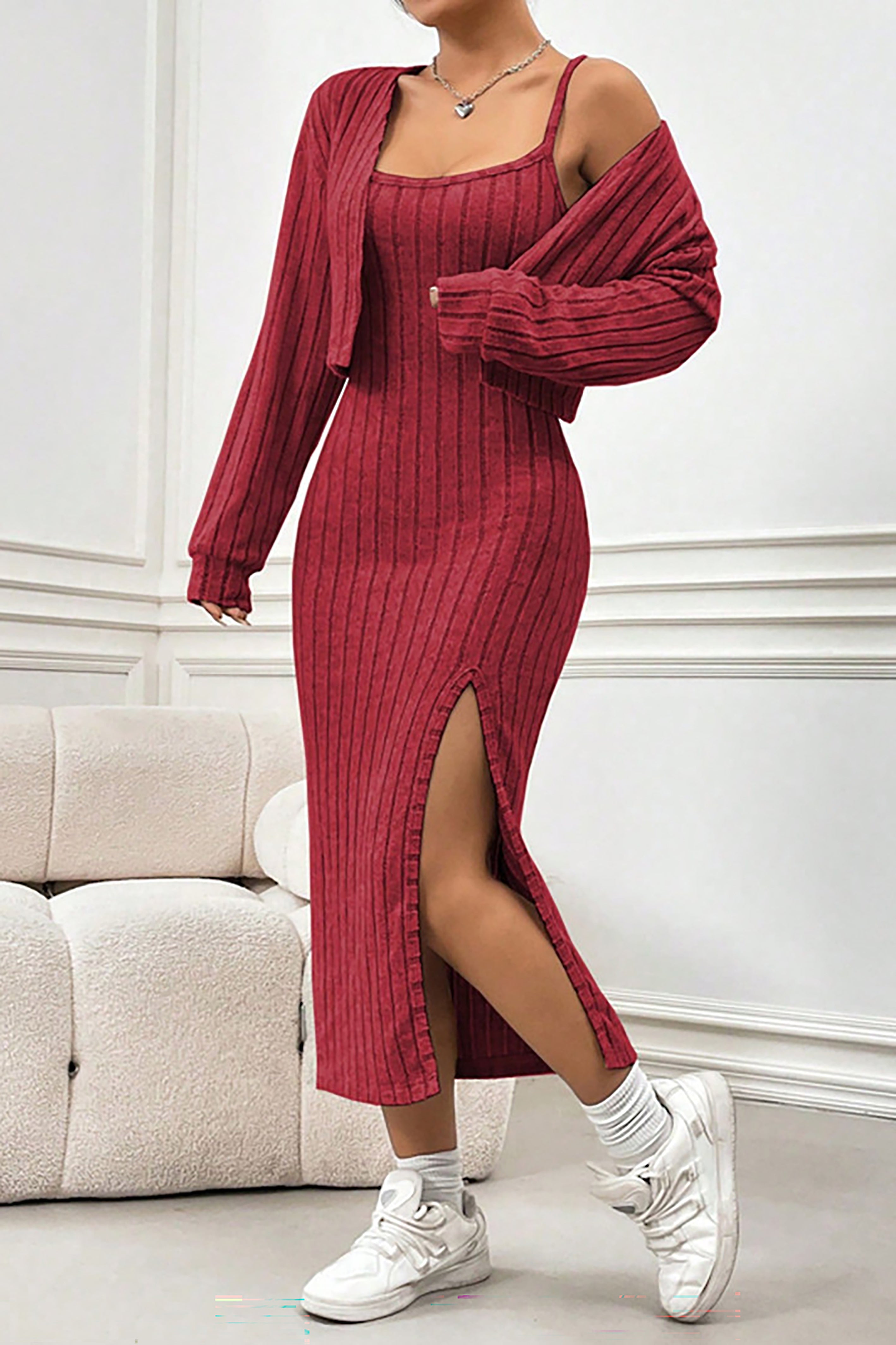 Casual Long-Sleeved Knit Cardigan & Slit Suspender Dress Set*