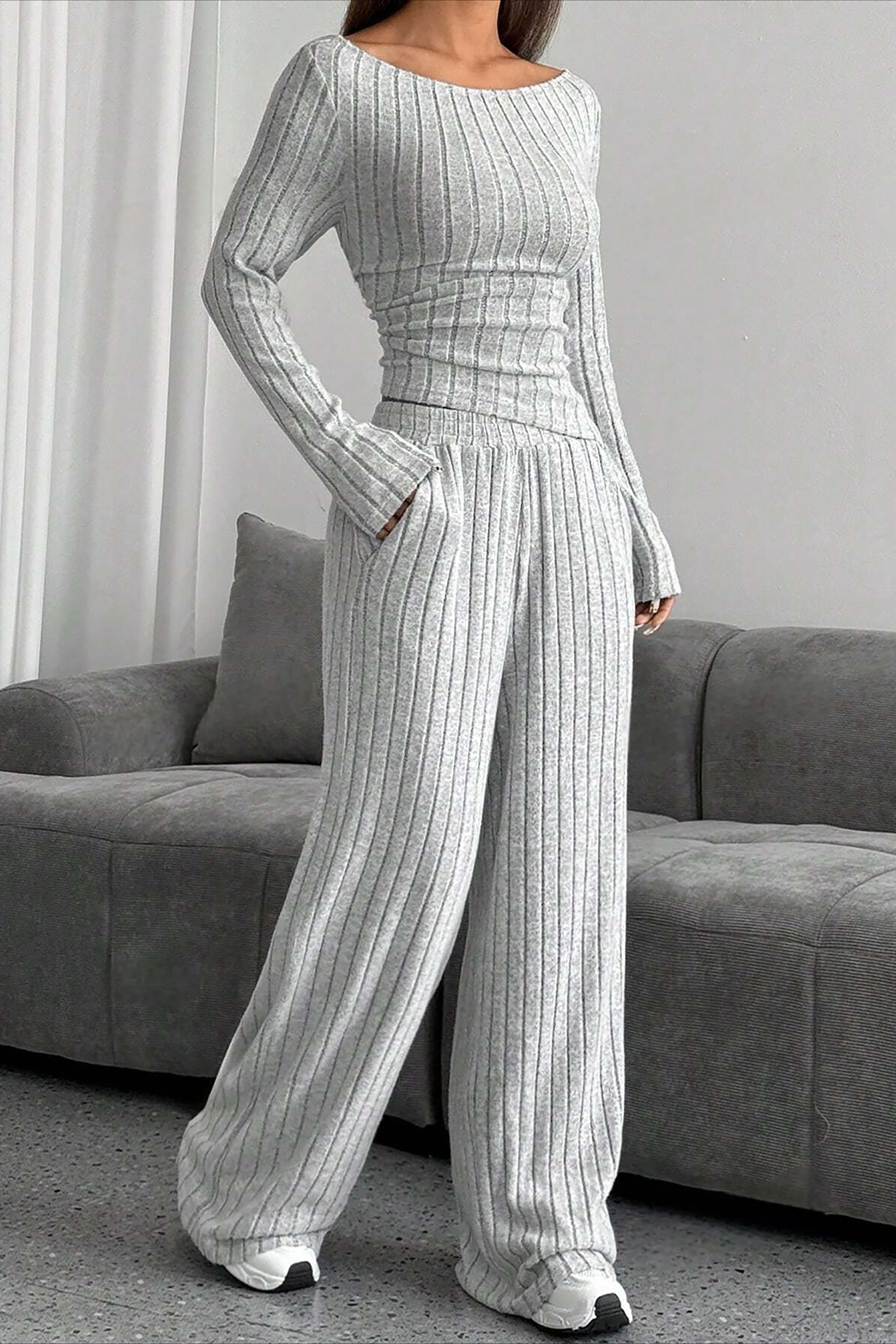 Casual Solid Knitted Striped Top & Wide Leg Pants Set*