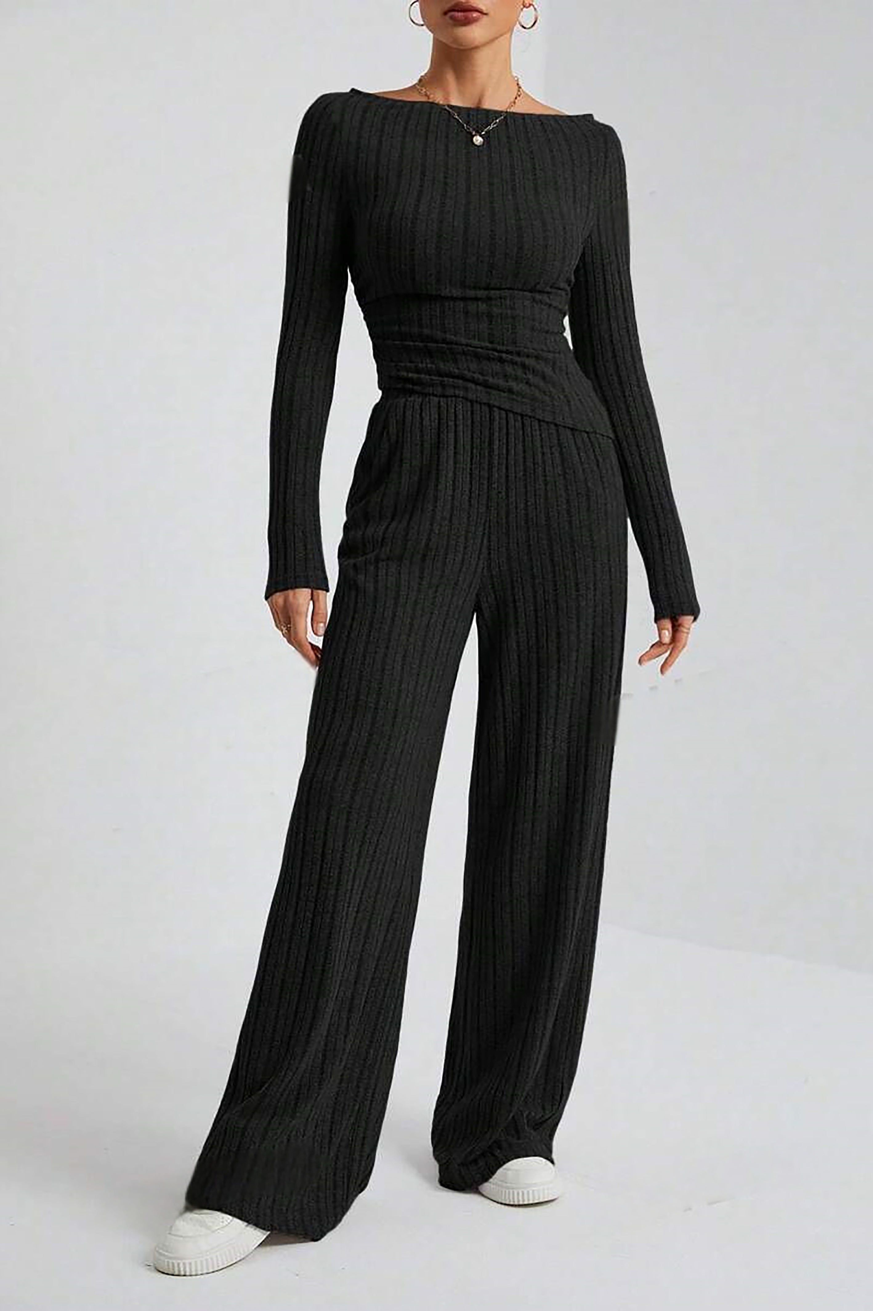 Casual Solid Knitted Striped Top & Wide Leg Pants Set*