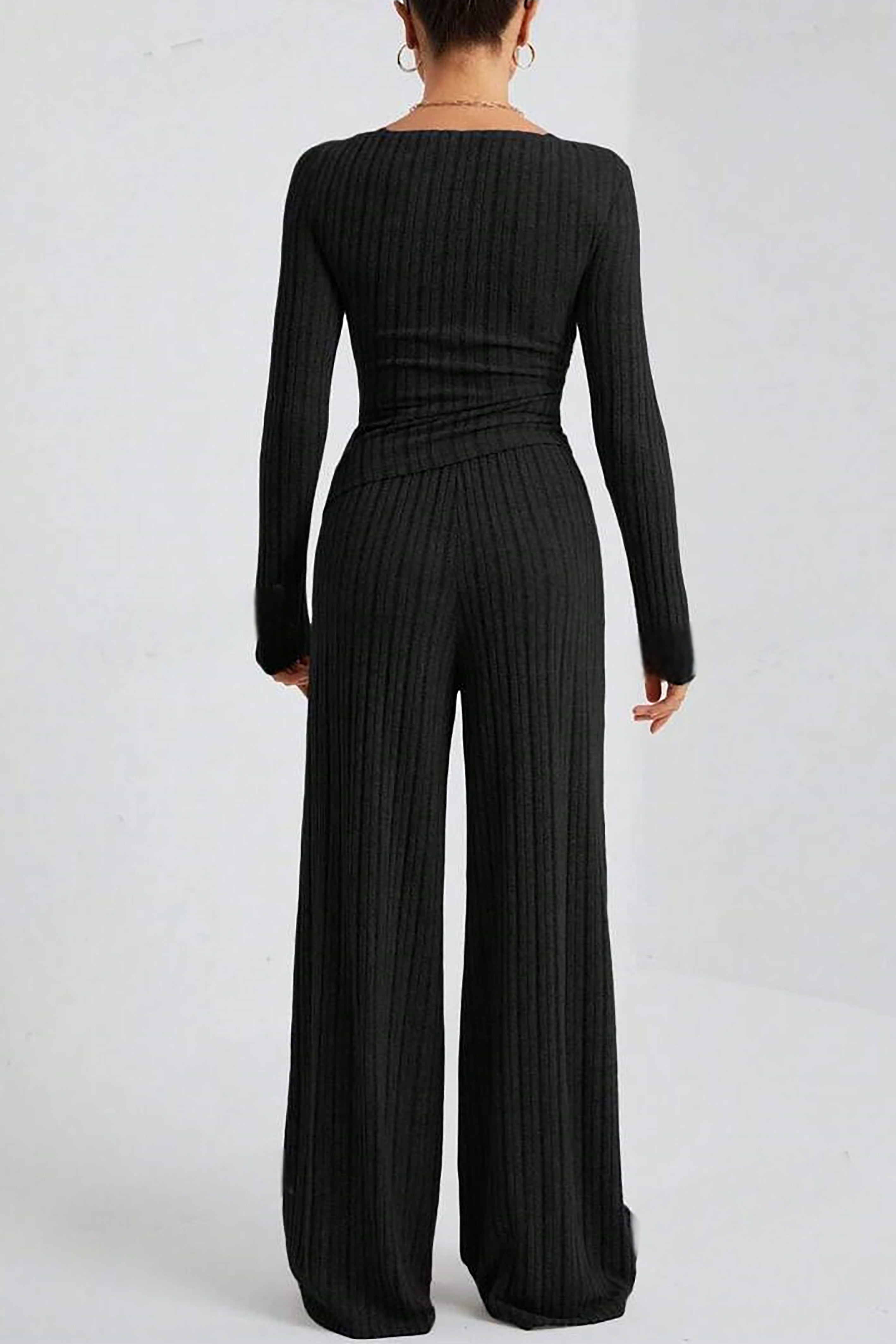 Casual Solid Knitted Striped Top & Wide Leg Pants Set*