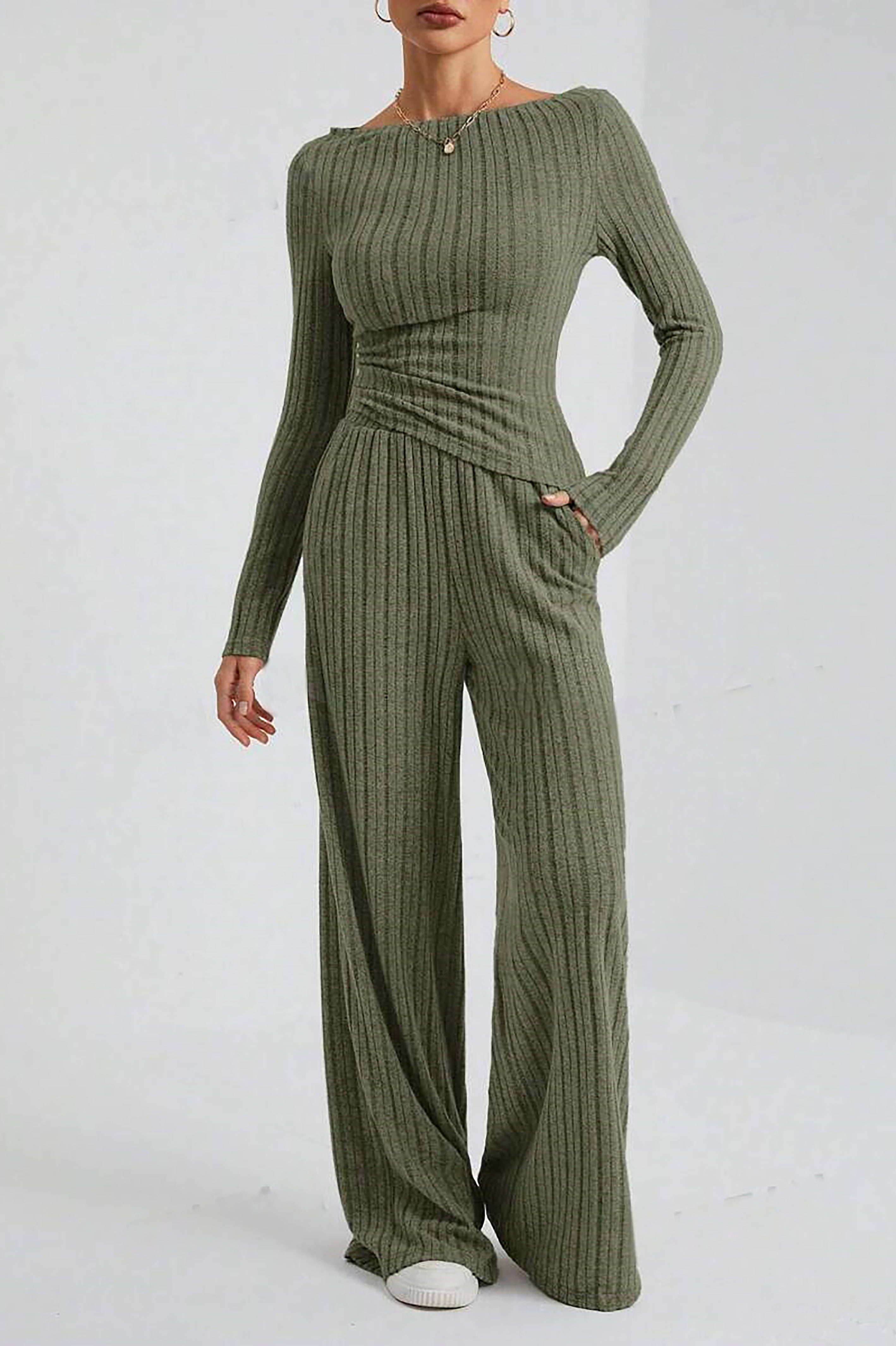 Casual Solid Knitted Striped Top & Wide Leg Pants Set*