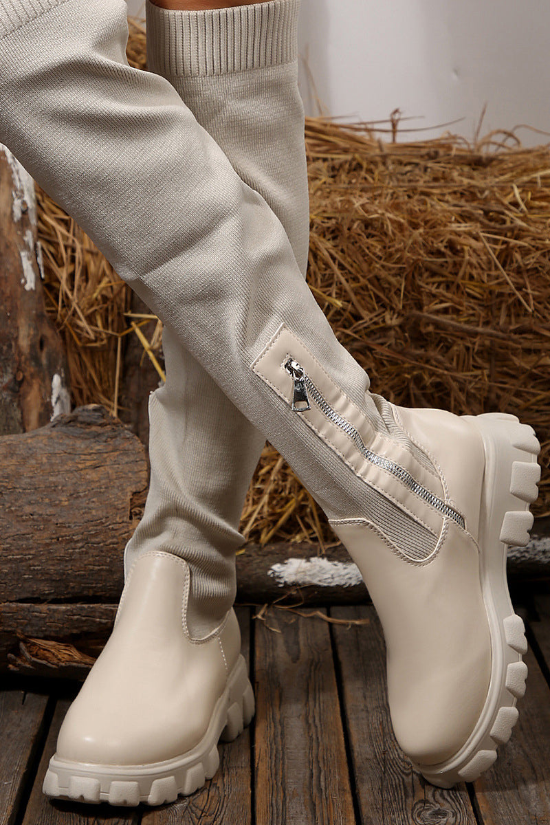 Fashionable Thick Soled Over The Knee Flying Woven Stretch Boots*