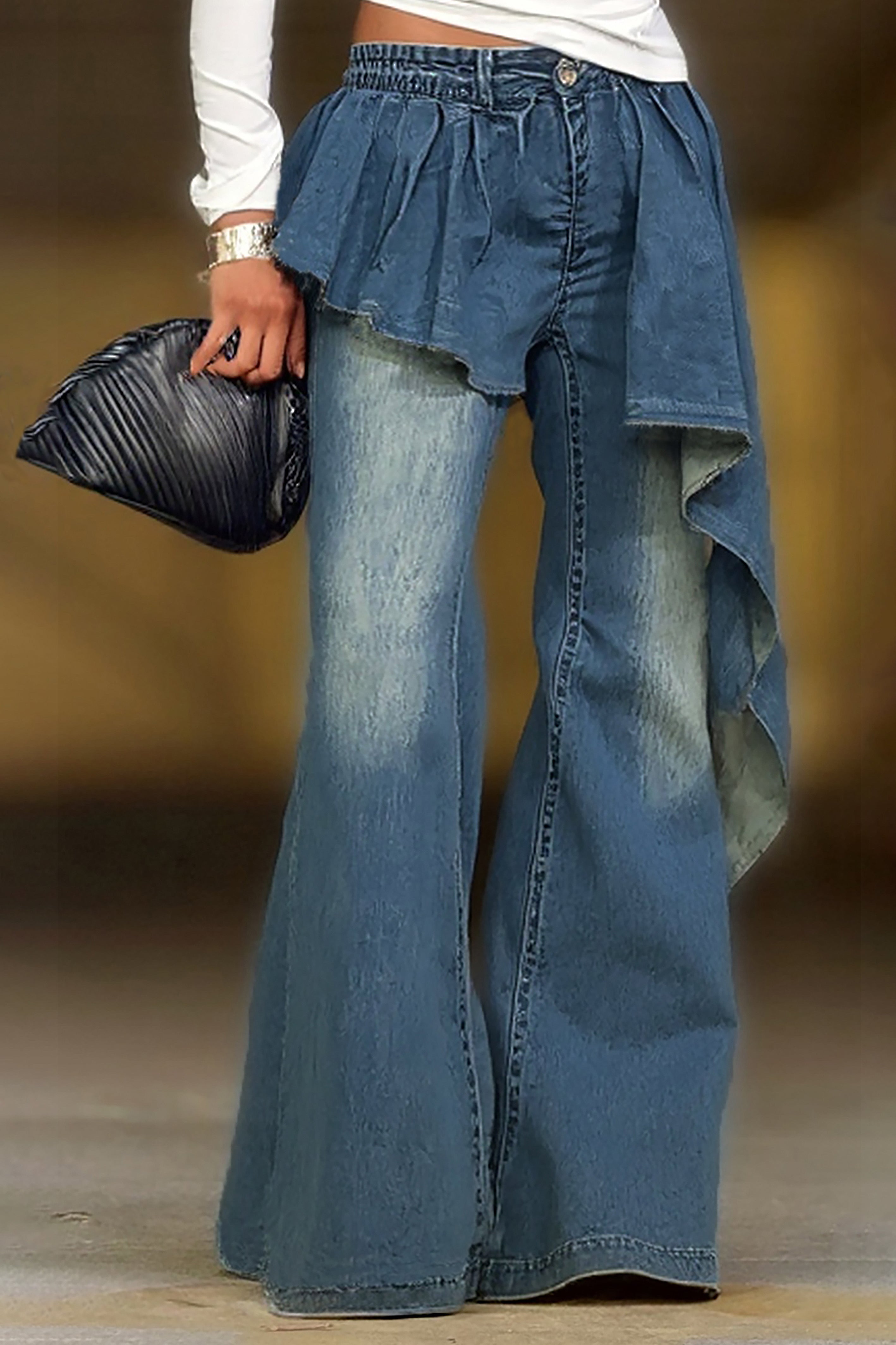 Fashion Irregular Ruffle Layered Washed Jeans*