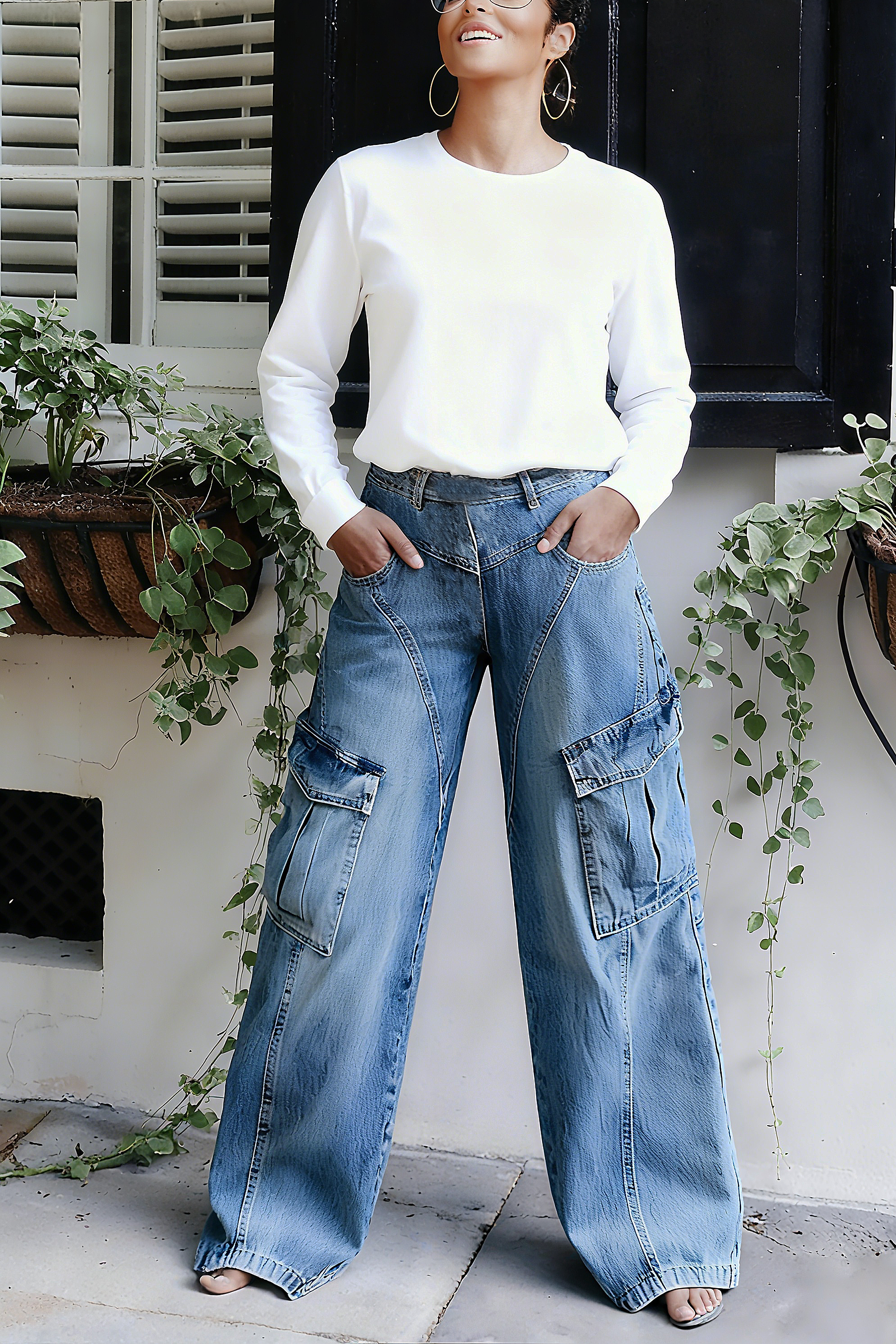Casual Multi Pocket High Waist Work Jeans*