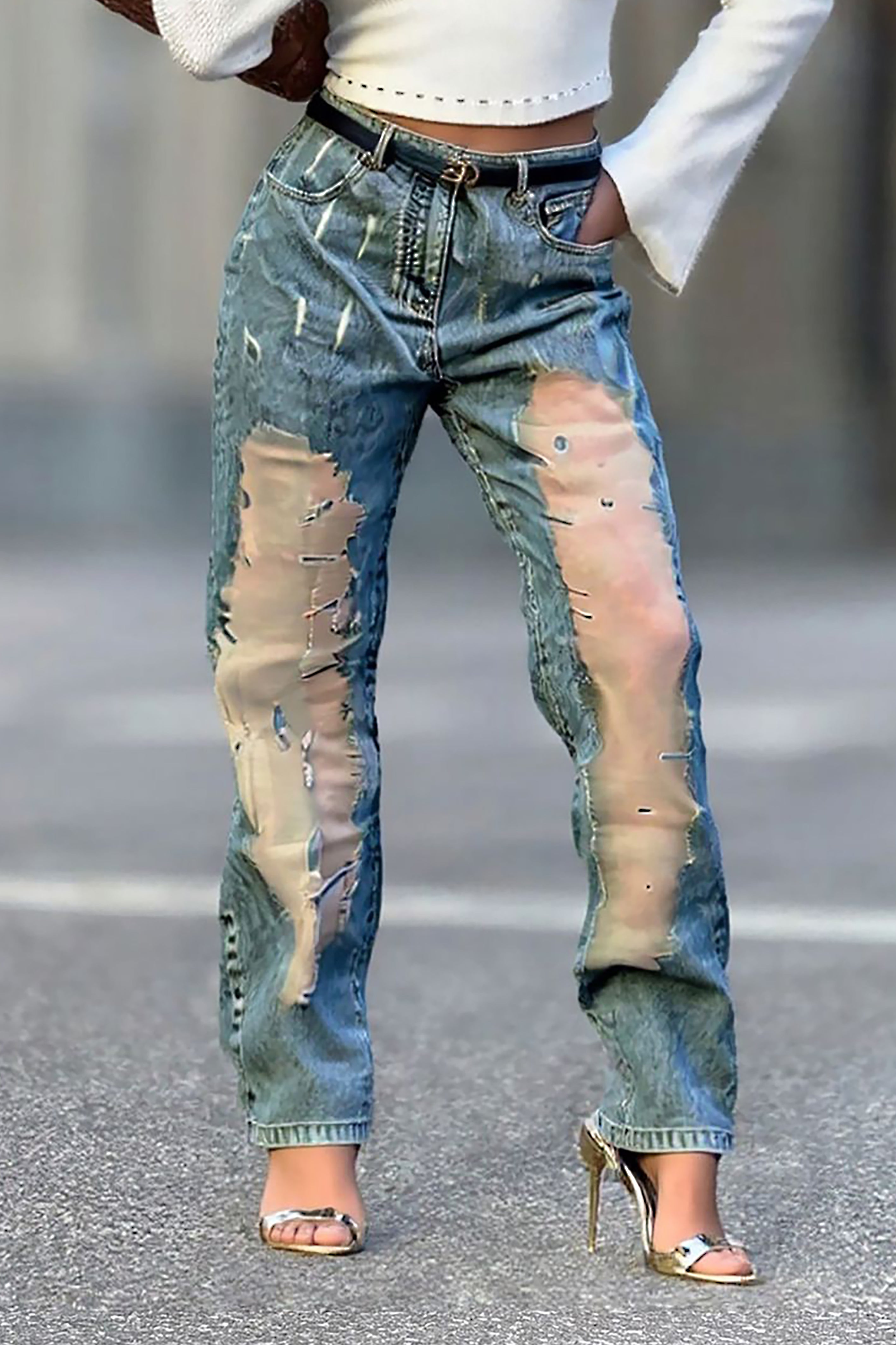 Fashionable And Unique Washed Hollow Mesh Ripped Jeans*