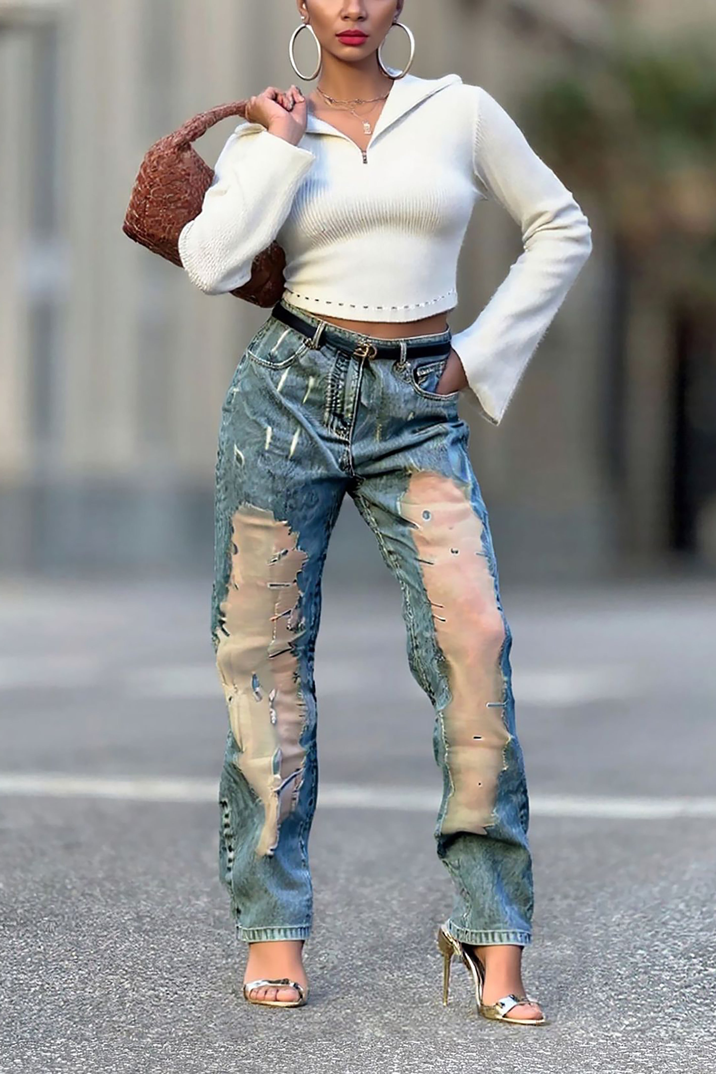 Fashionable And Unique Washed Hollow Mesh Ripped Jeans*