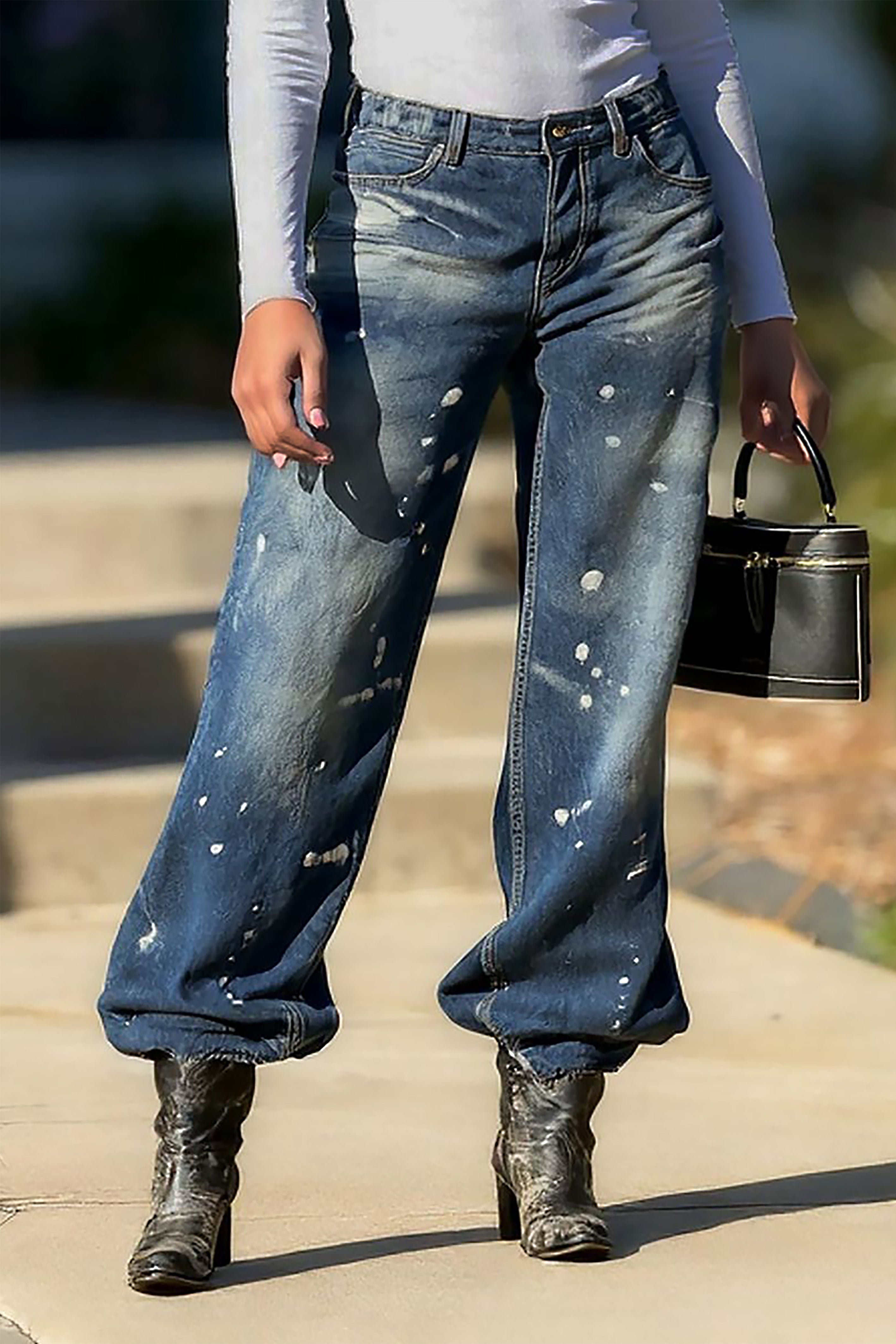 Fashionable Washed Ink Splashed Ripped Jeans*