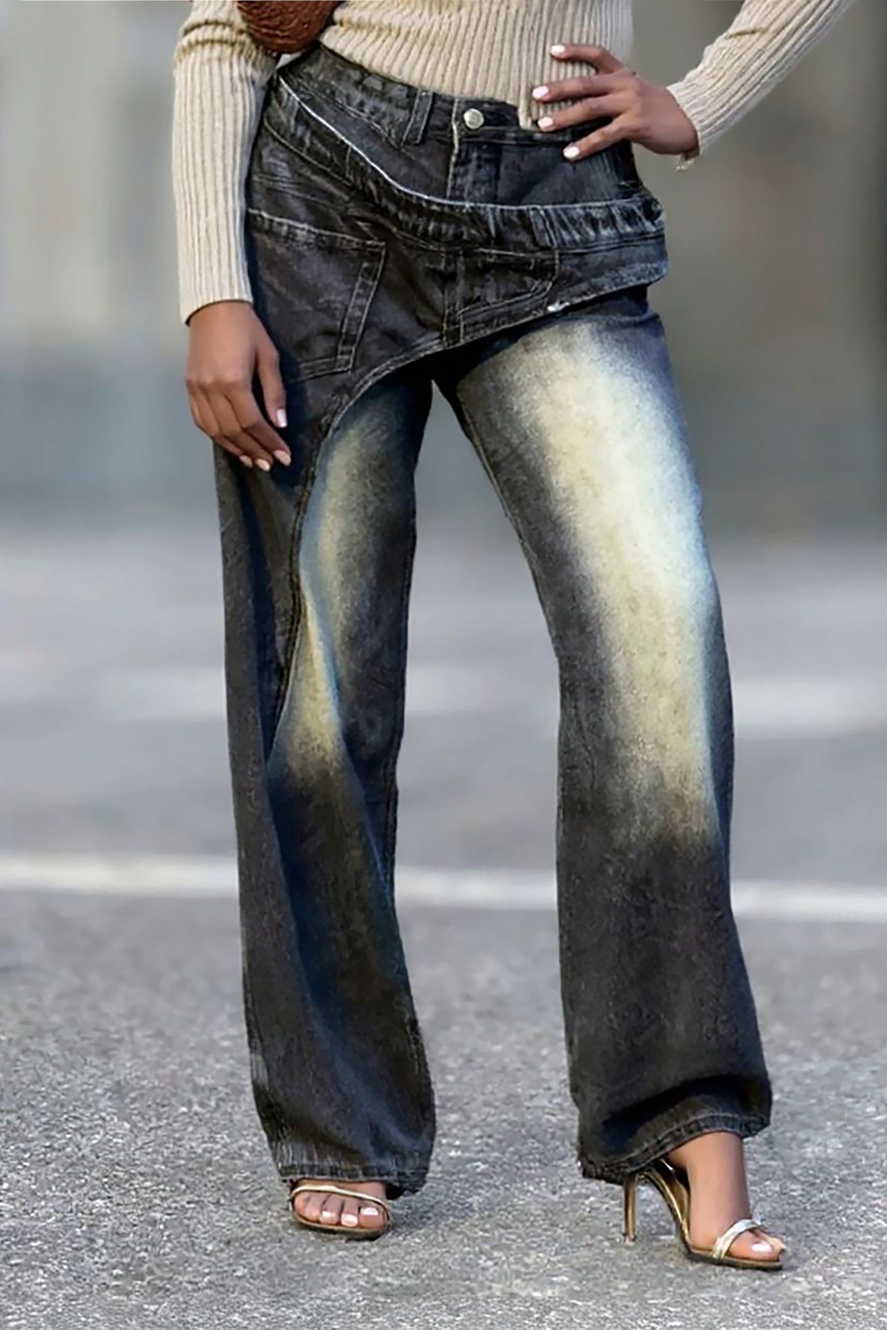 Fashion Asymmetric Deconstructed Washed Jeans*