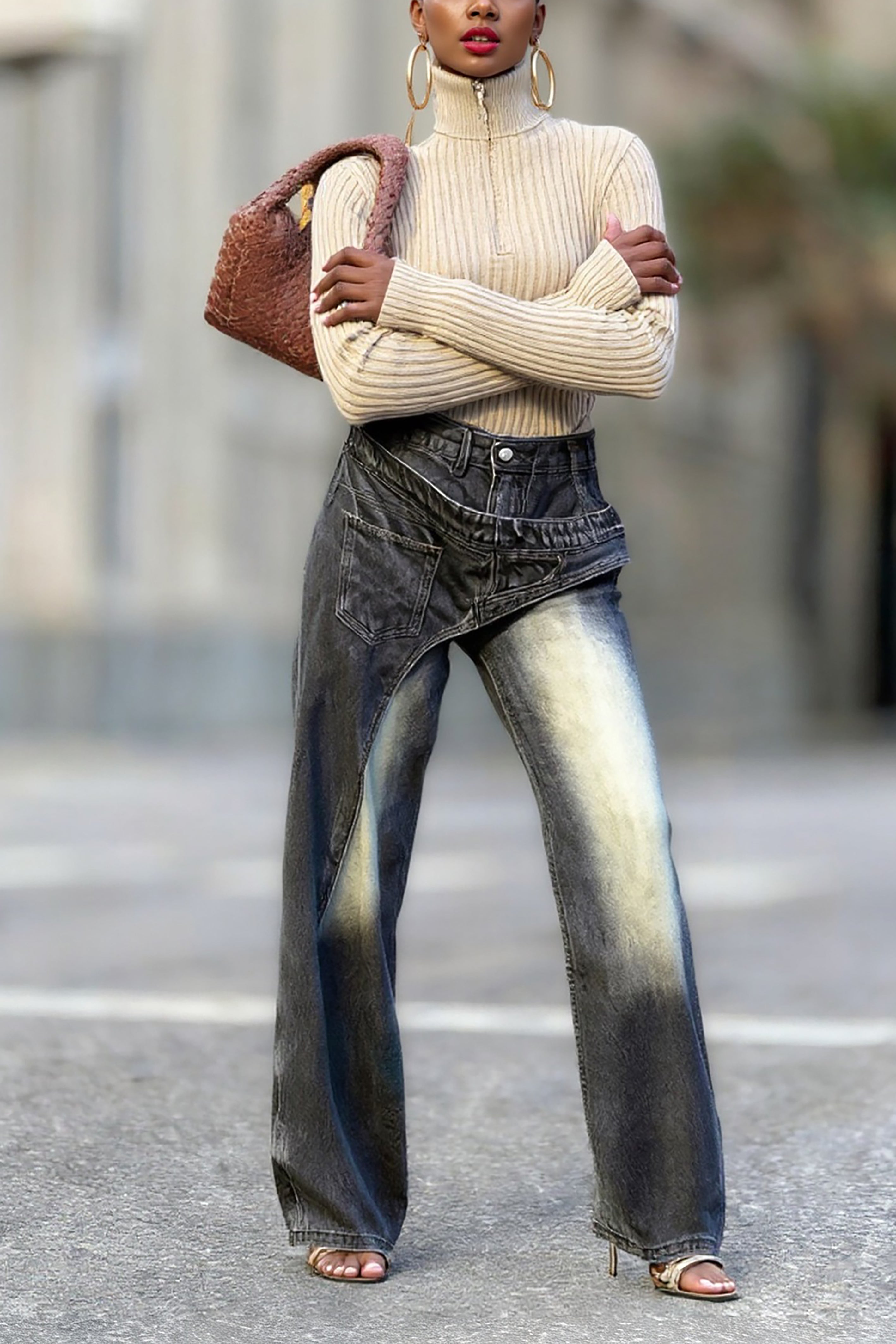 Fashion Asymmetric Deconstructed Washed Jeans*