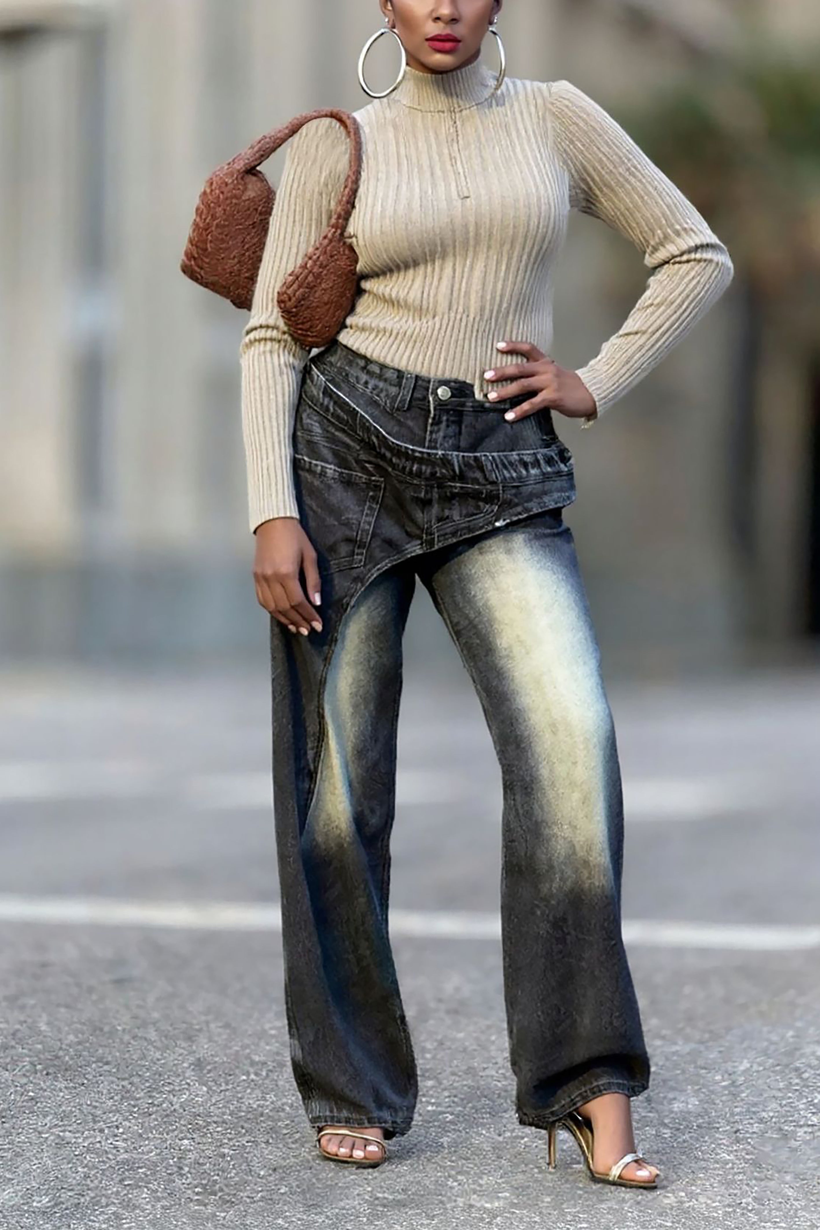 Fashion Asymmetric Deconstructed Washed Jeans*