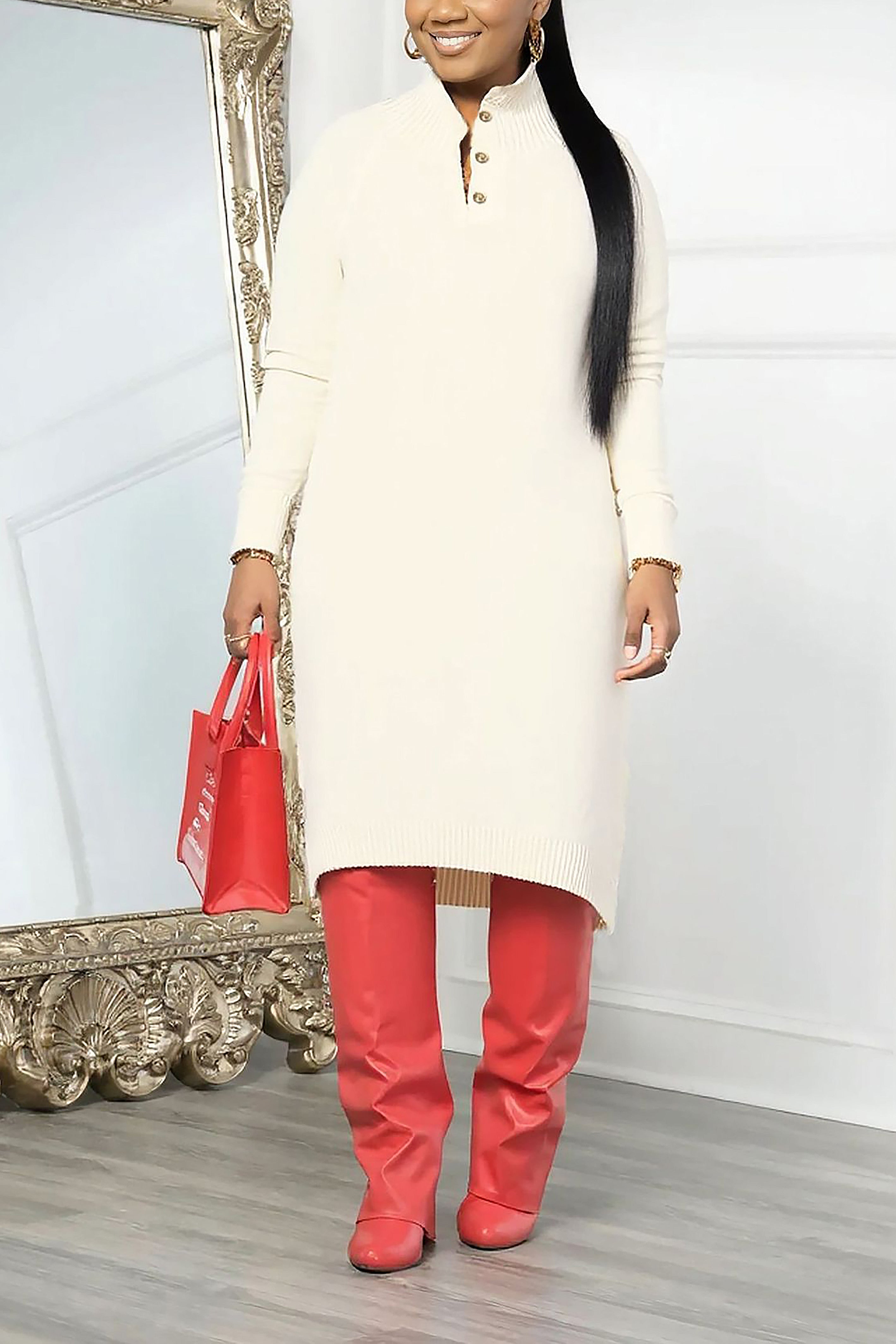 Casual Button Down Collar Double Strand Thickened Knit Dress*