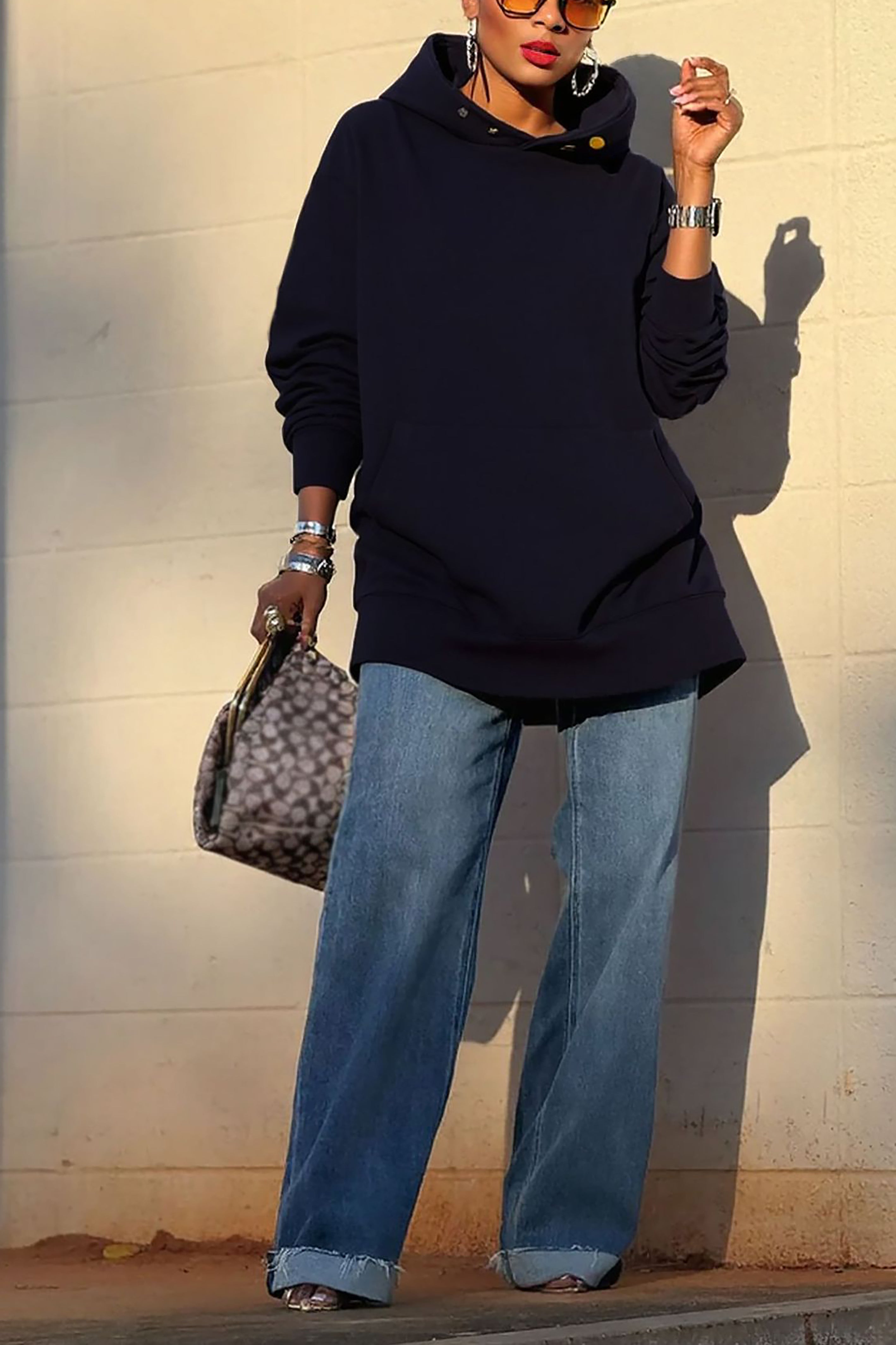 Casual Button Loose Solid Hoodies*