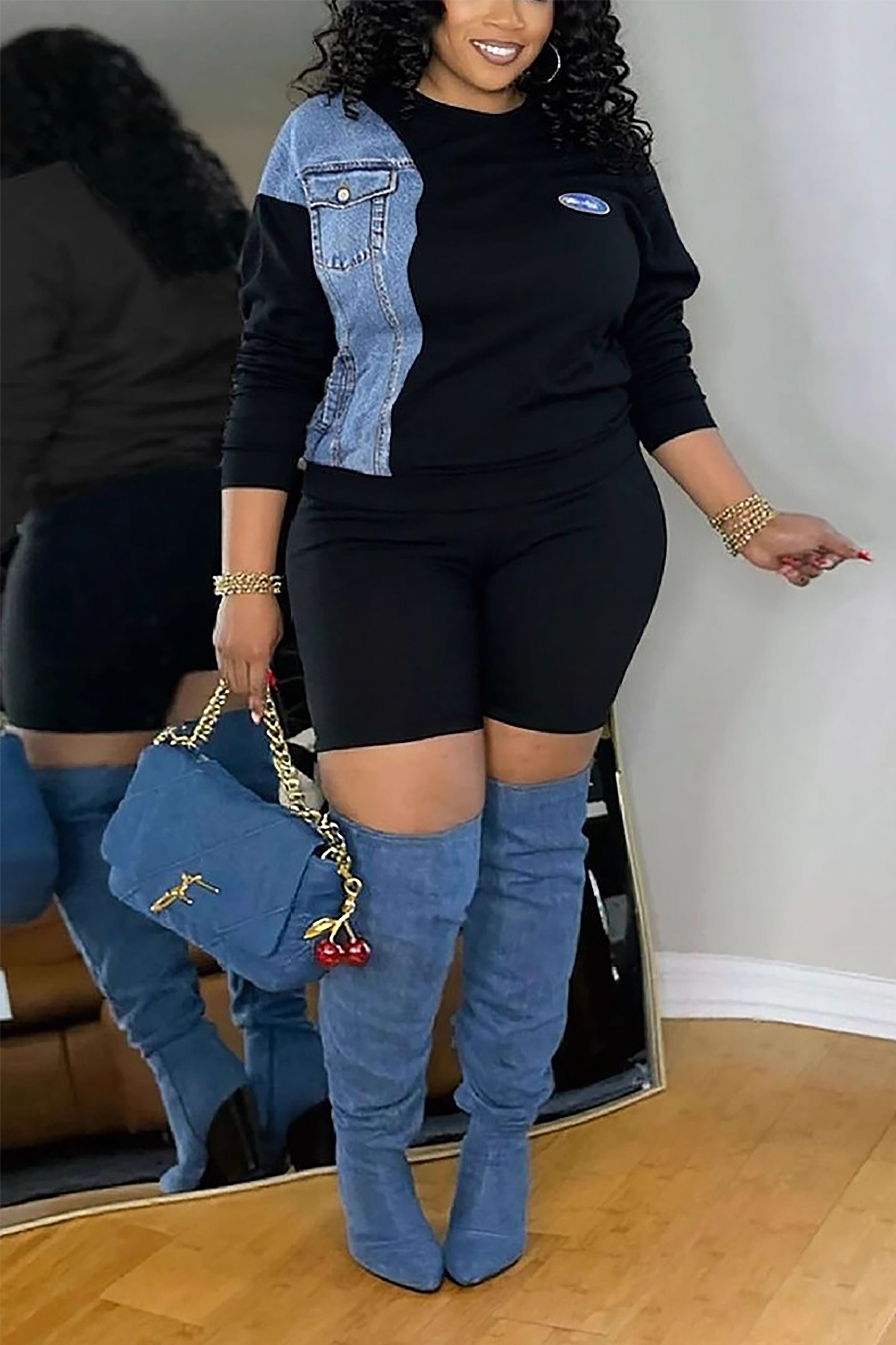 Street Loose Round Neck Spliced ??Denim Sweatshirt*