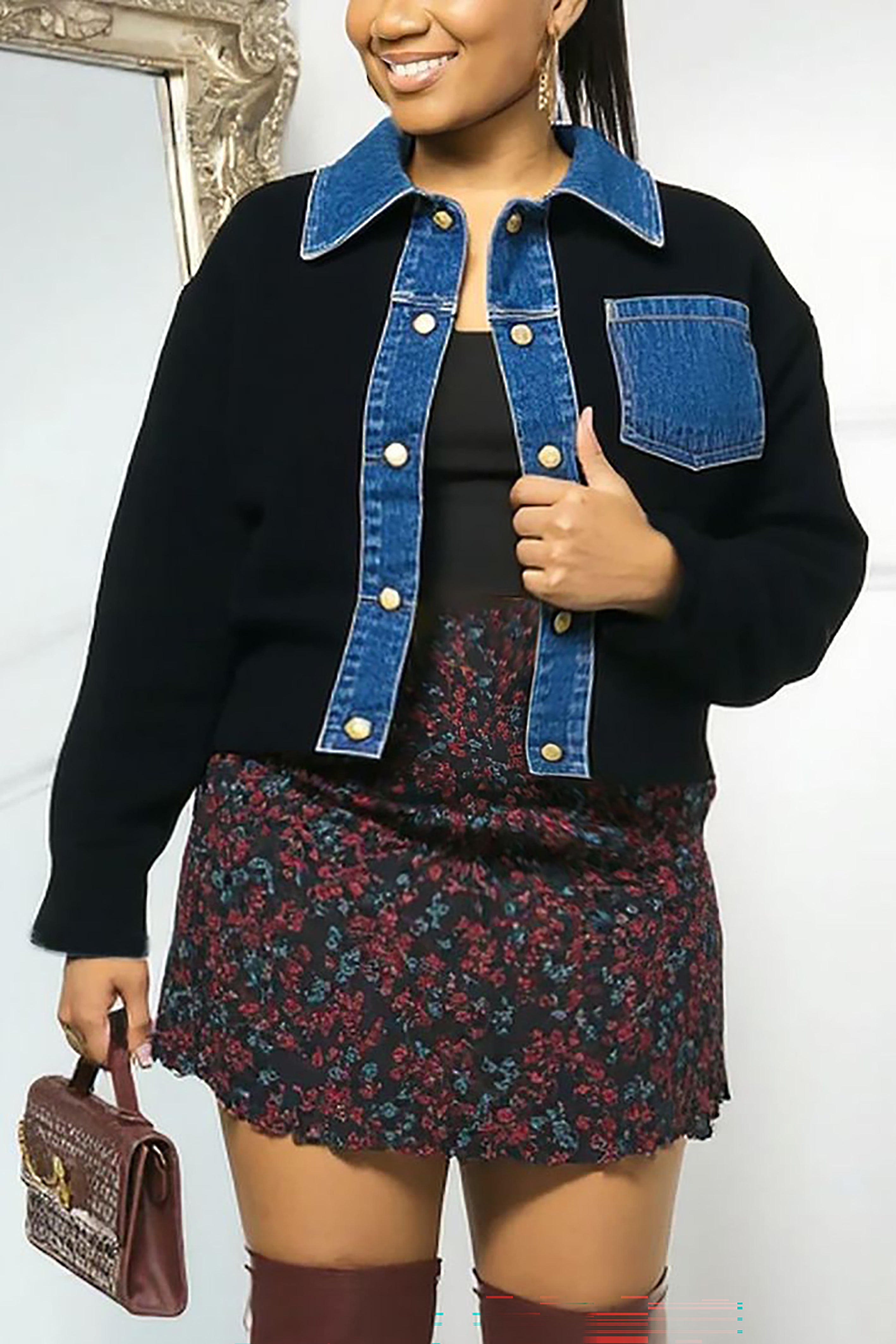 Casual Polo Spliced ??Denim Cardigan*