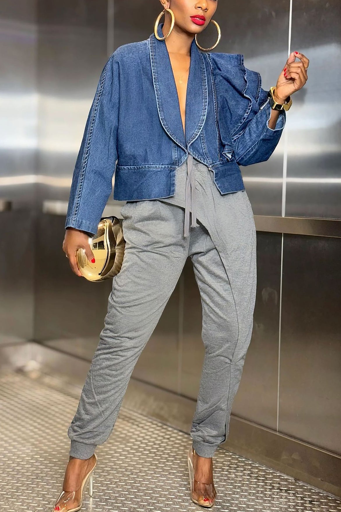 Fashionable Single Sided Layered Ruffles Denim Jacket*