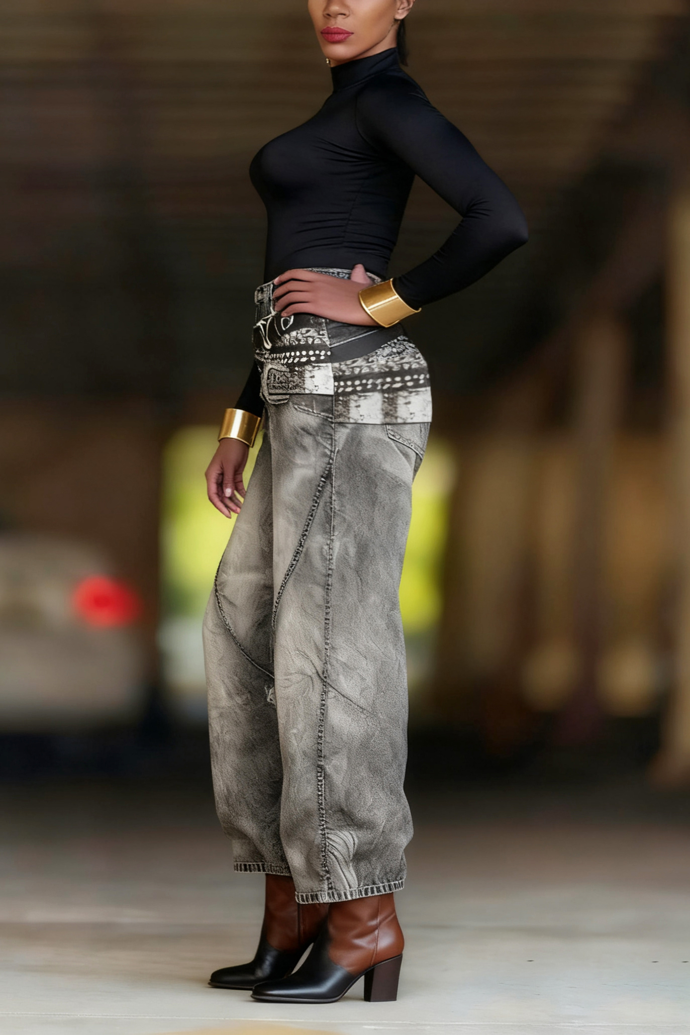 Fashionable Belted 3d Printed Wide Leg Curved Jeans*