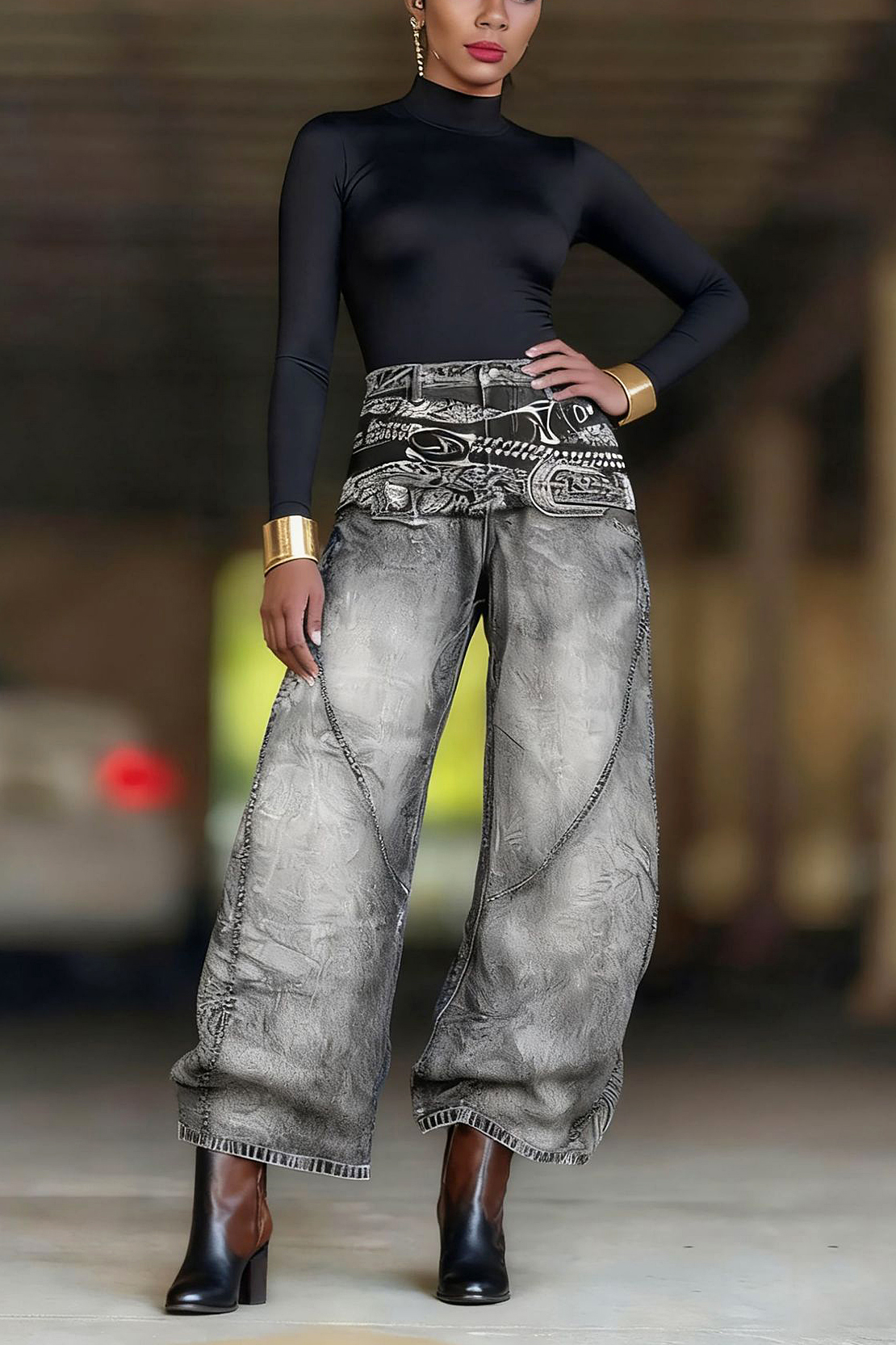 Fashionable Belted 3d Printed Wide Leg Curved Jeans*