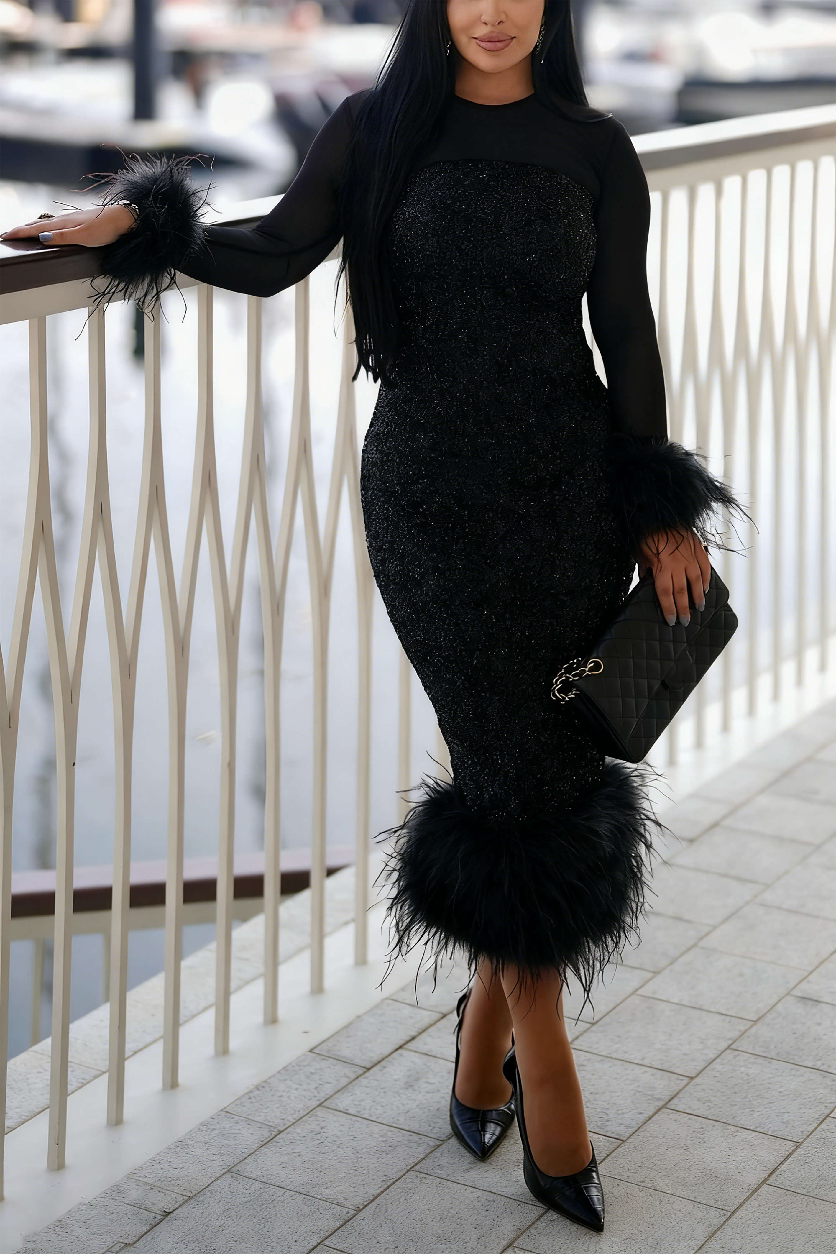 Party Feather Patchwork Sequin Dress*