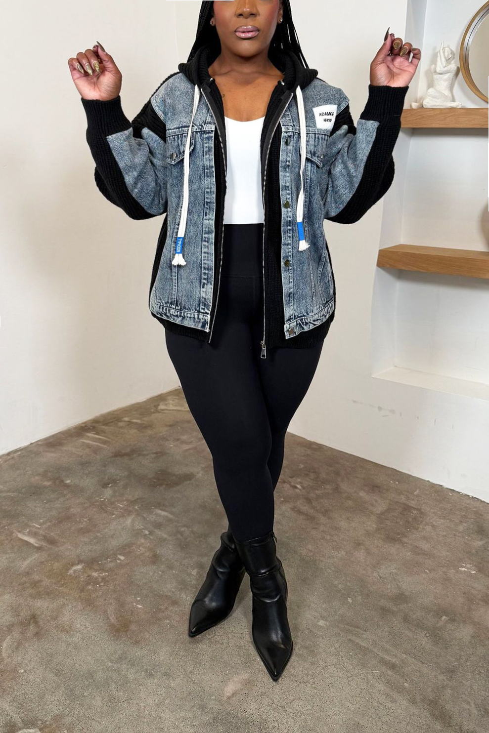 Casual Denim Patchwork Knit Hooded Jacket*