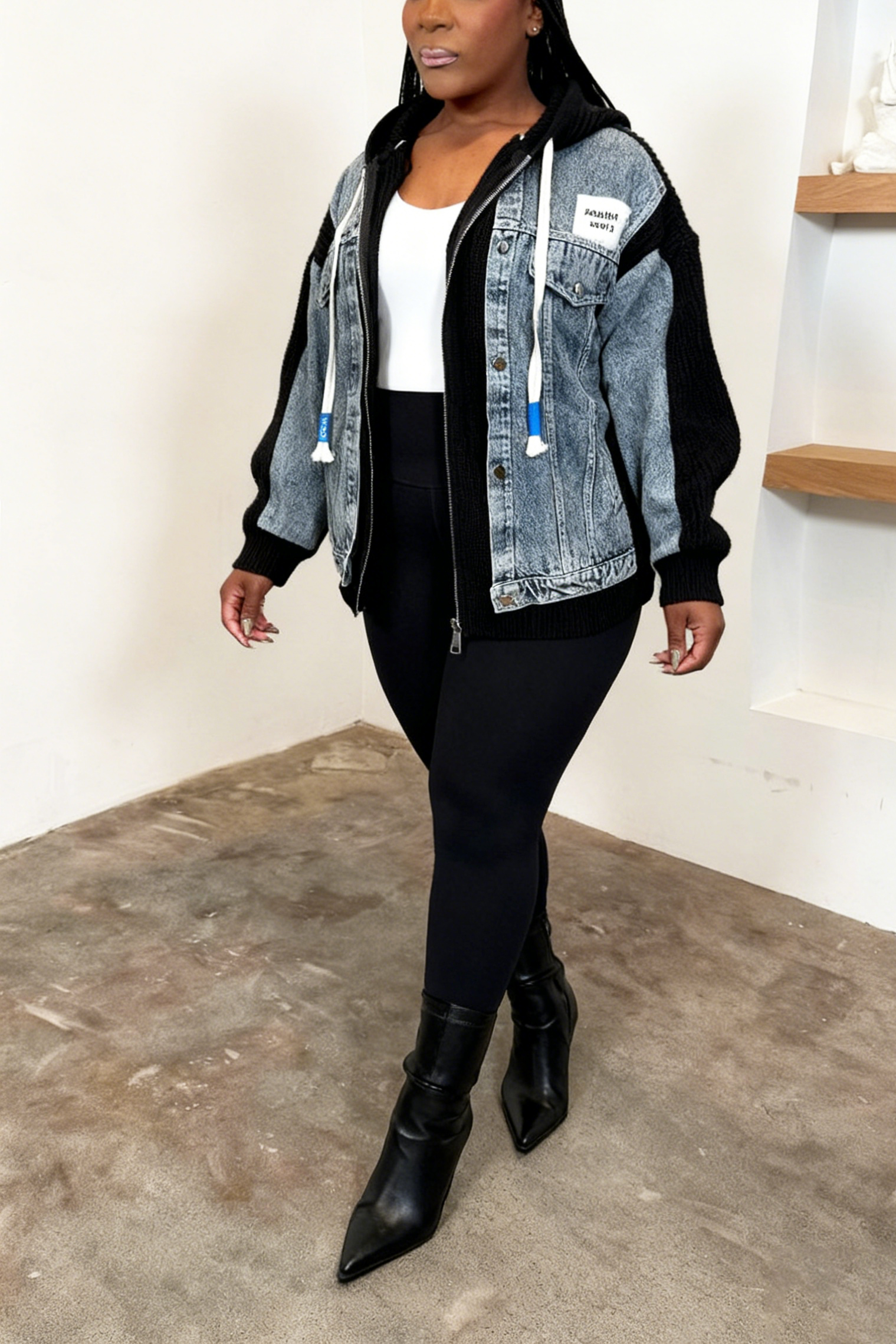 Casual Denim Patchwork Knit Hooded Jacket*