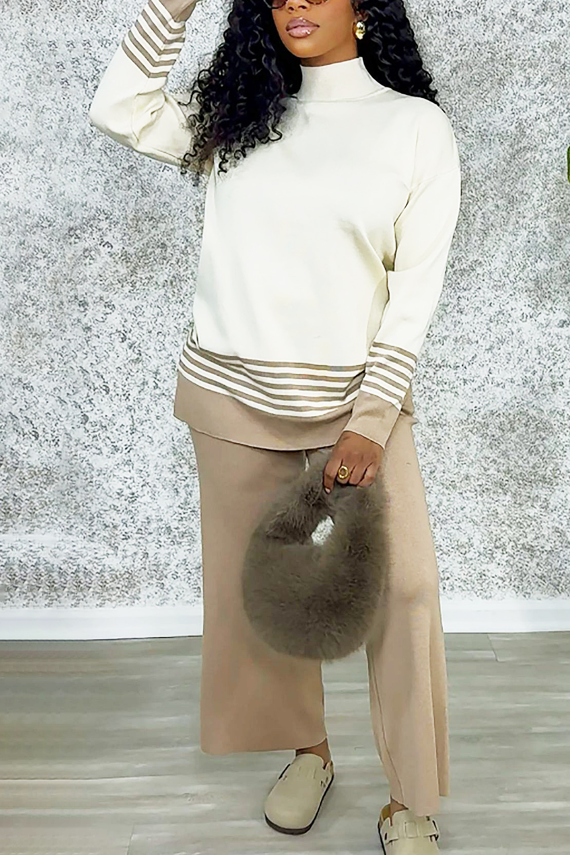 Casual Striped Color Blocked Top & Wide Leg Knit Set*