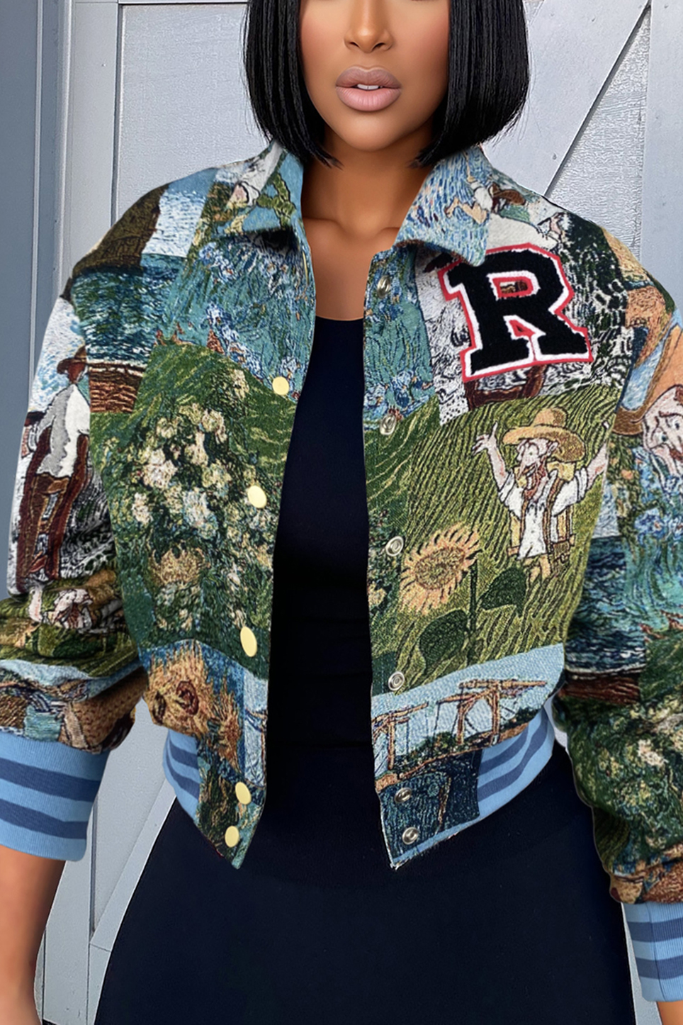 Casual Printed Letter Short Baseball Jacket*