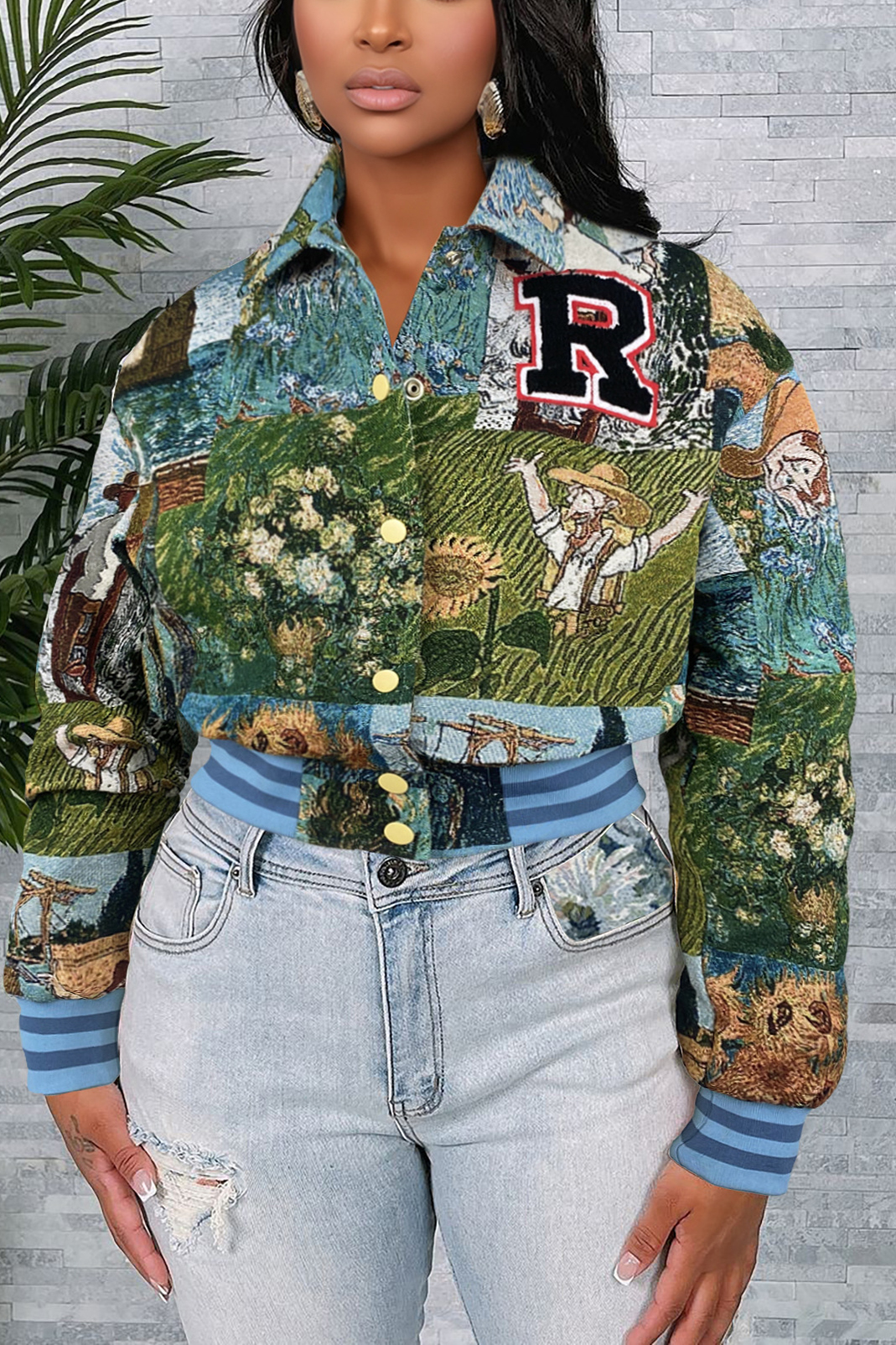 Casual Printed Letter Short Baseball Jacket*