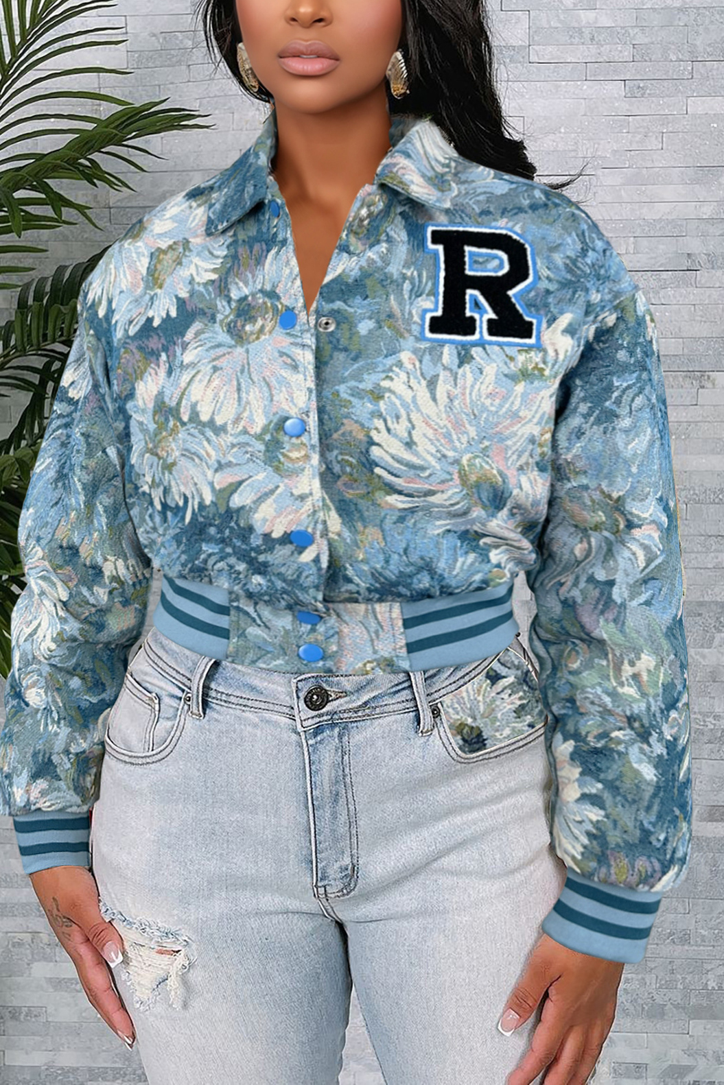 Casual Printed Letter Short Baseball Jacket*