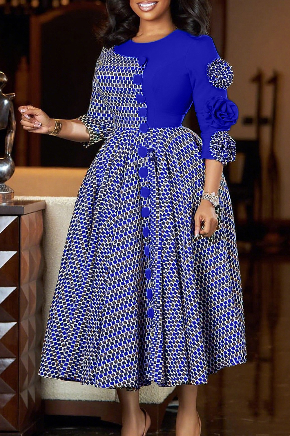 Elegant Three Quarter Sleeve 3d Floral Patchwork Dress*