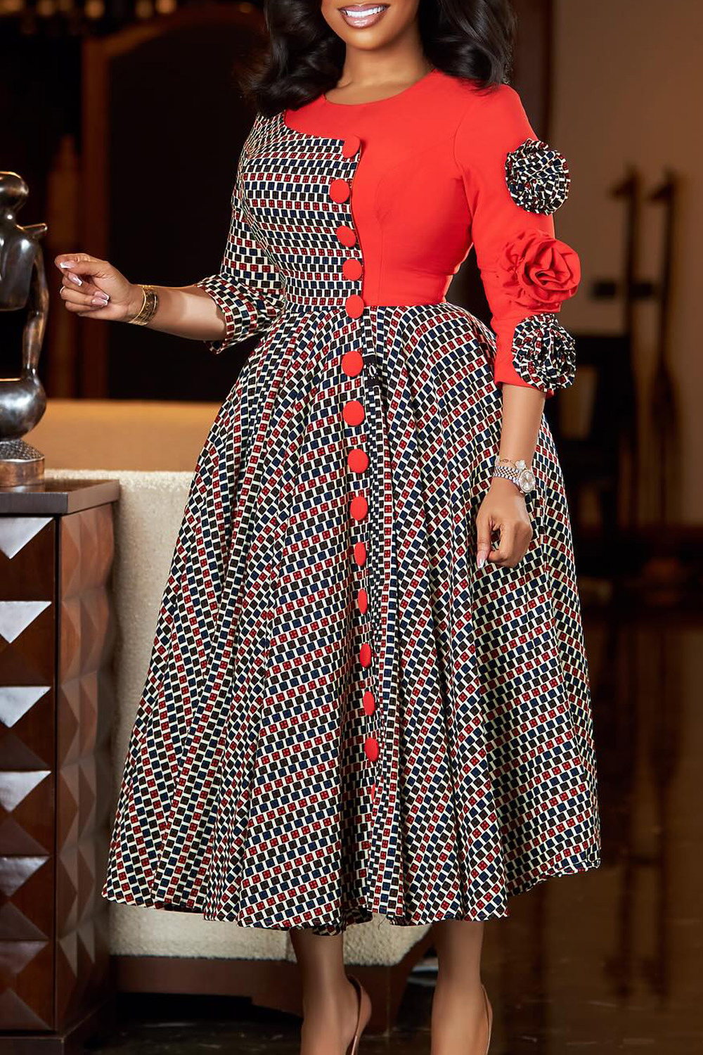 Elegant Three Quarter Sleeve 3d Floral Patchwork Dress*